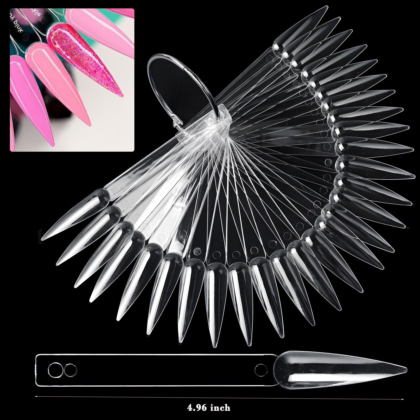 Clear nail polish display sticks fanned out on a table