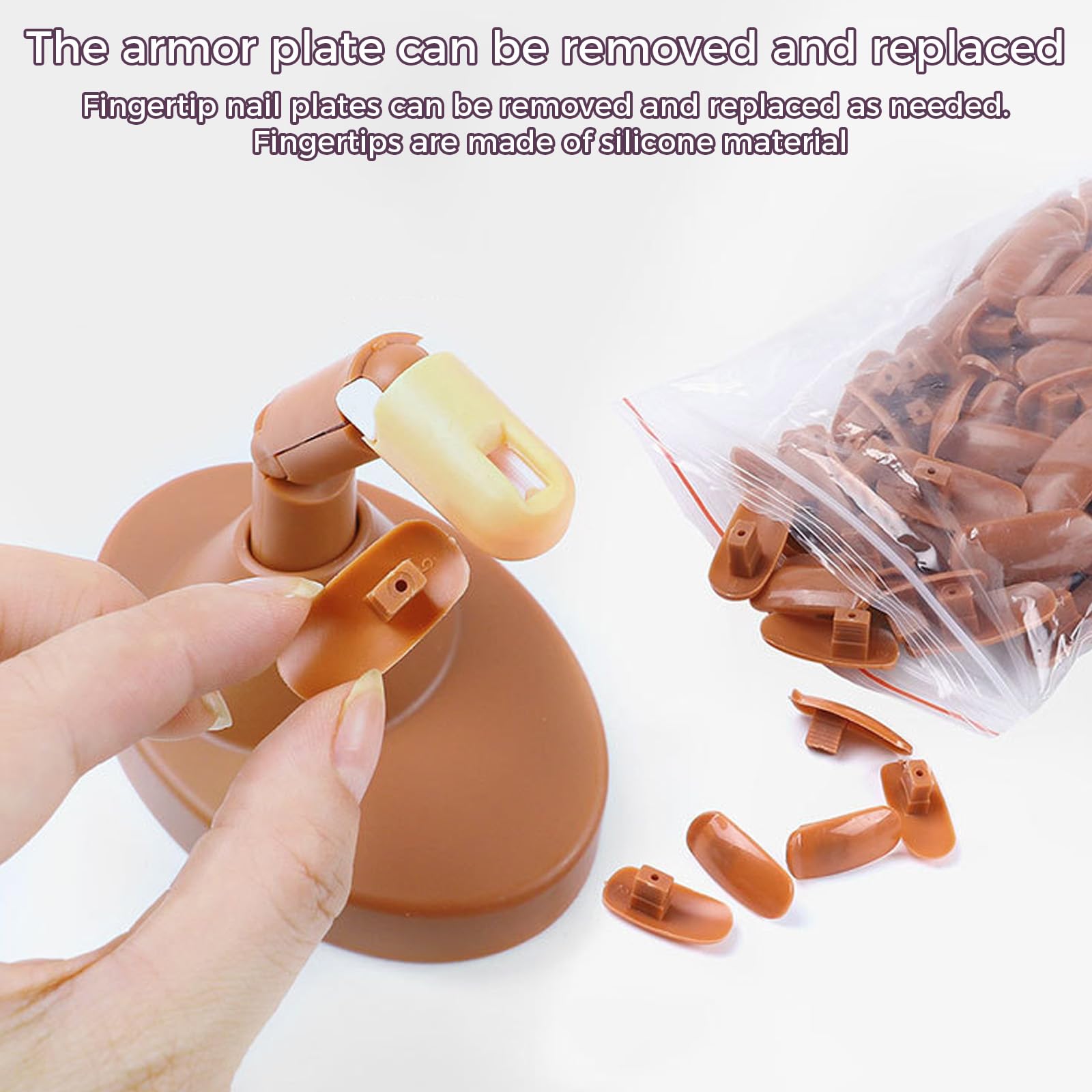 Brown plastic replacement nail tips for acrylic practice hands