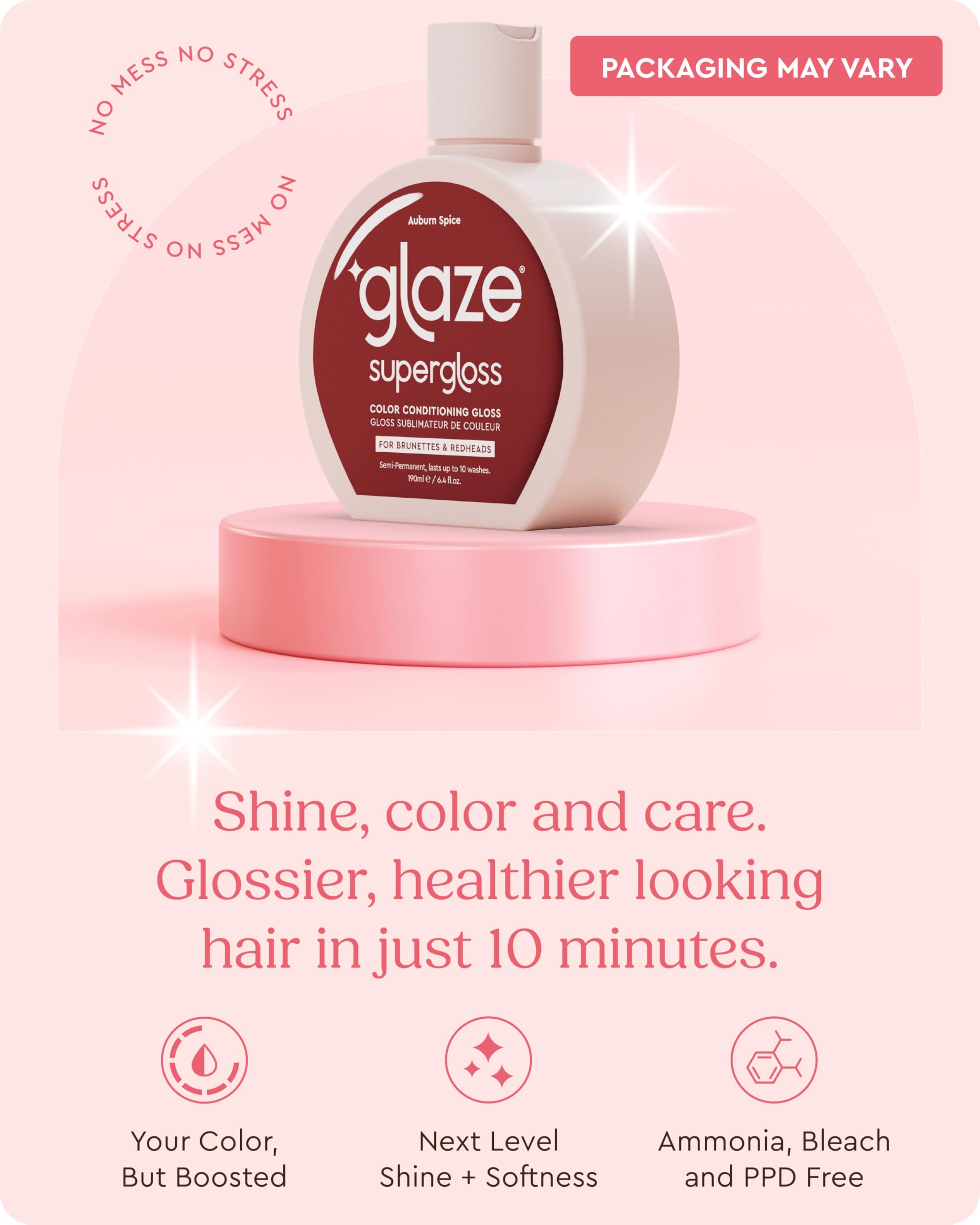 Side view of Glaze hair gloss bottle highlighting 6.4 fluid ounce size
