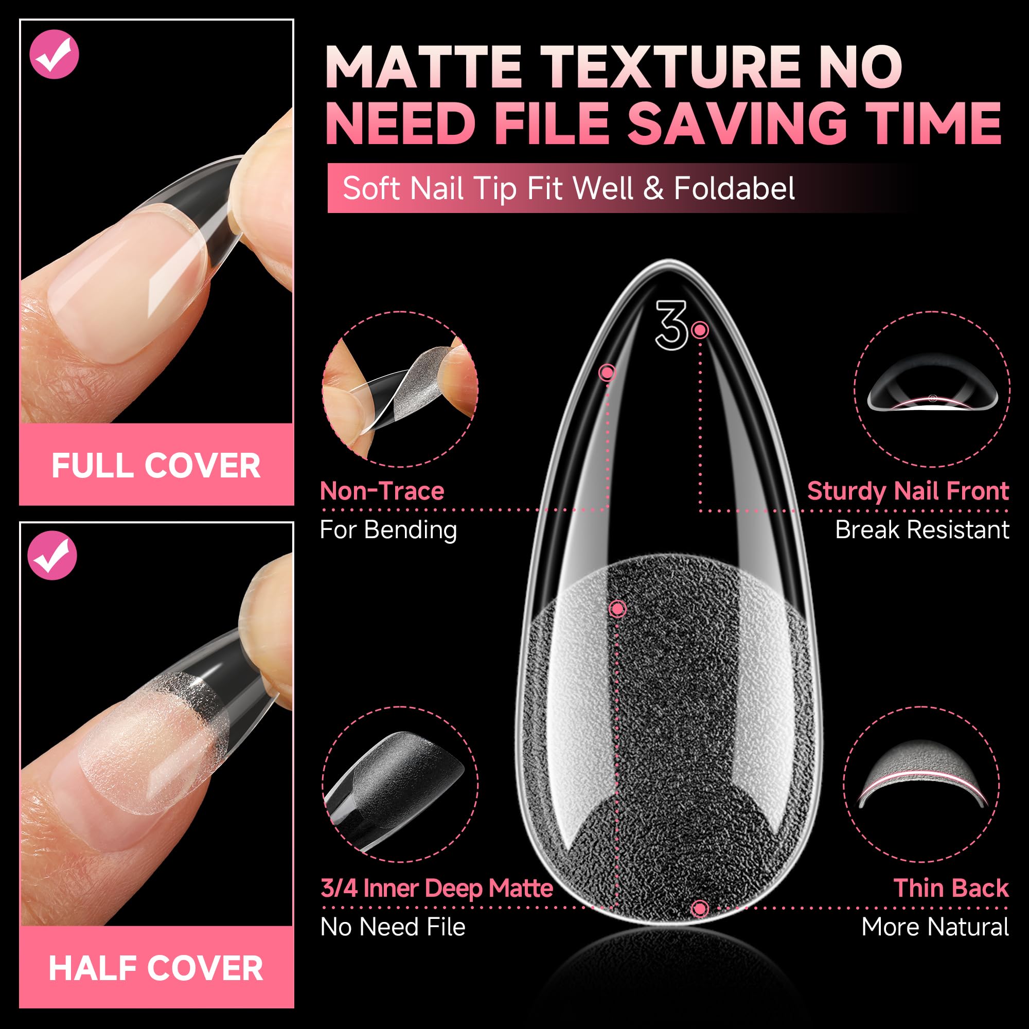 Clear pre-etched soft gel nail tips showing 12 size variations