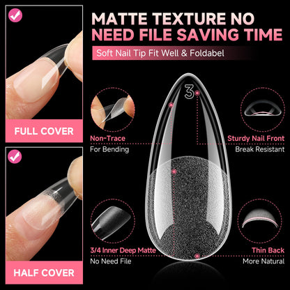 Clear pre-etched soft gel nail tips showing 12 size variations