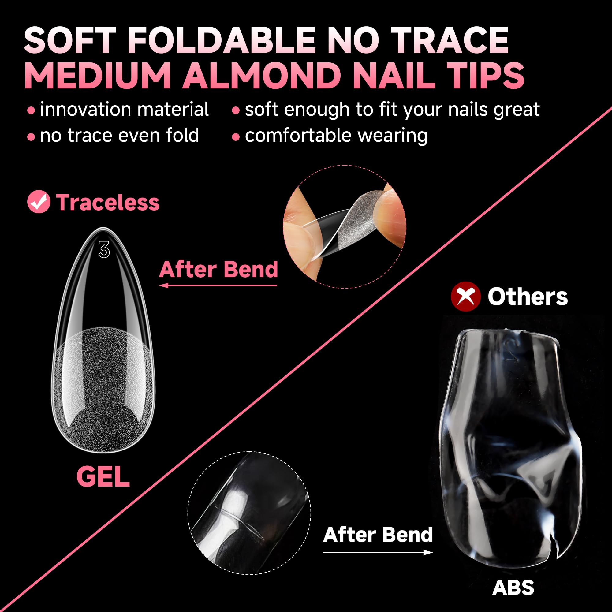 Full cover almond shaped artificial nails in transparent finish