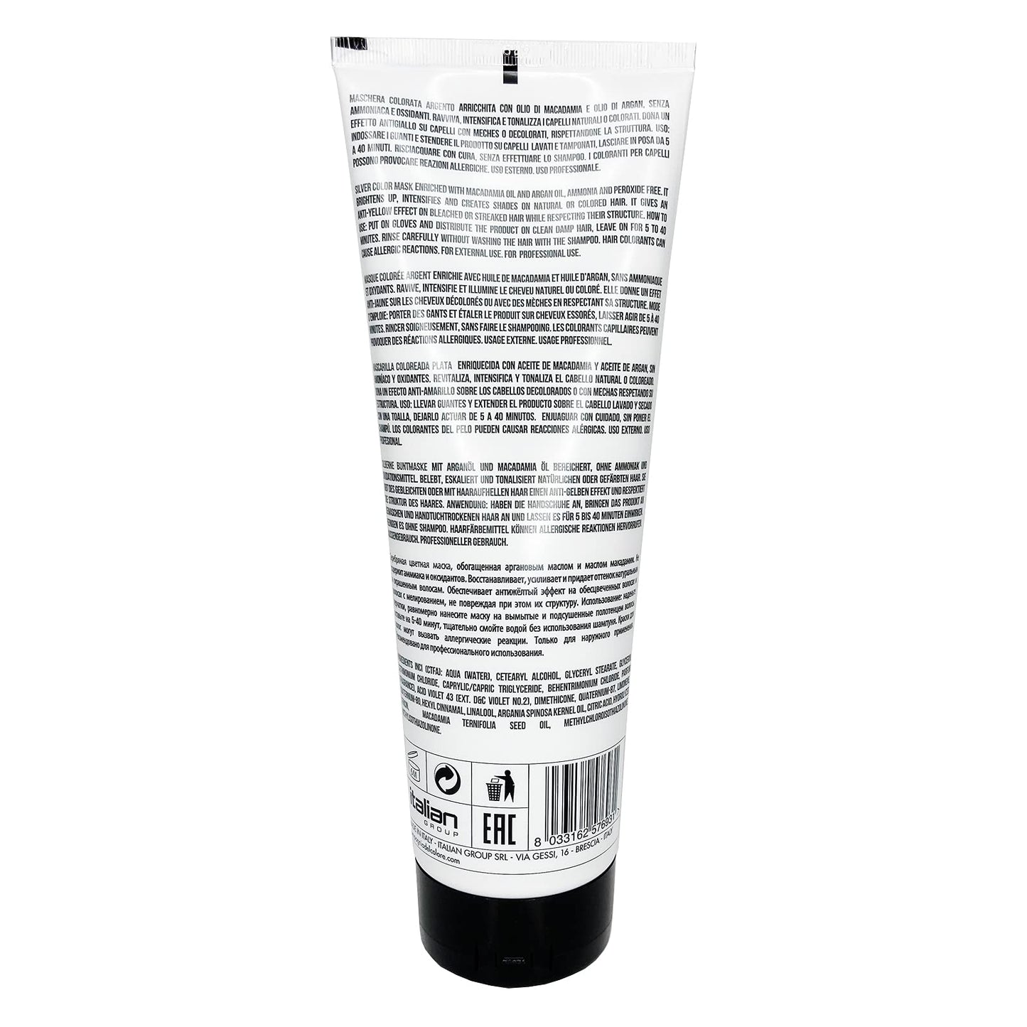 Mogadget Compagnia Del Colore silver color depositing treatment packaging showing product benefits.