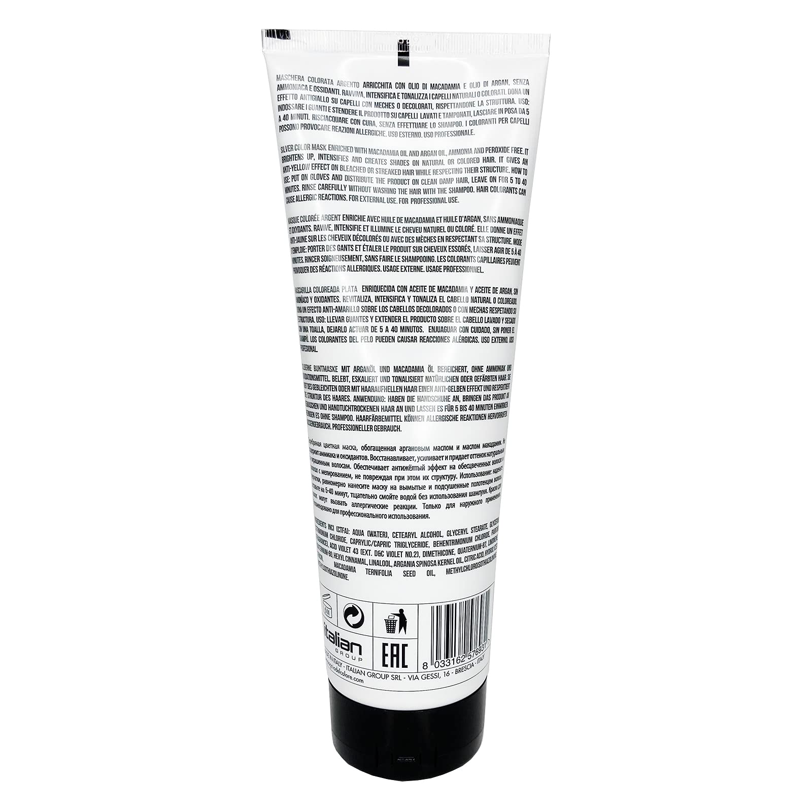 Mogadget Compagnia Del Colore silver color depositing treatment packaging showing product benefits.