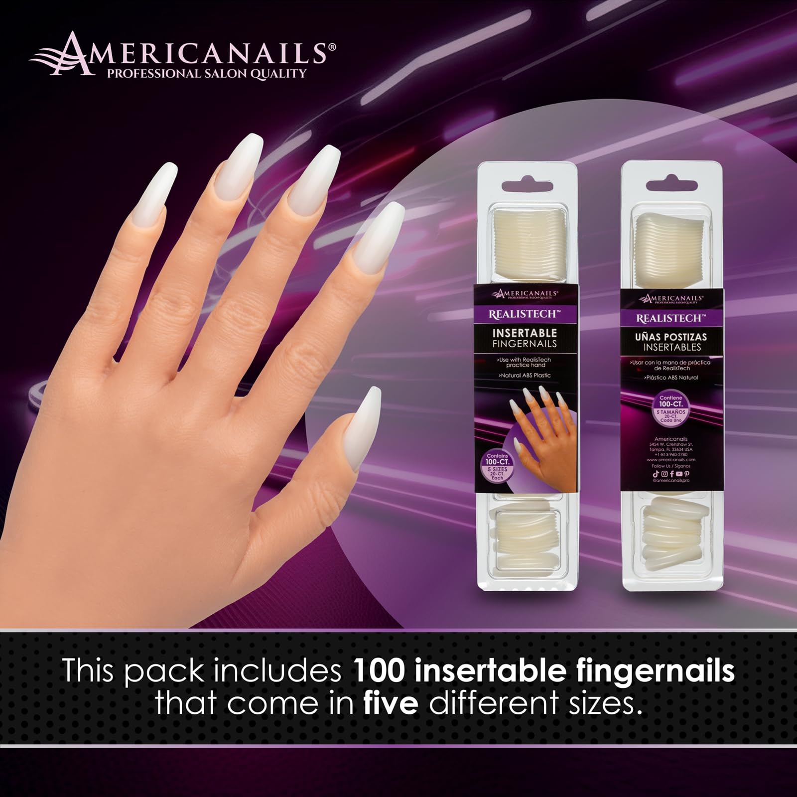 Five different sizes of Americanails practice nail tips