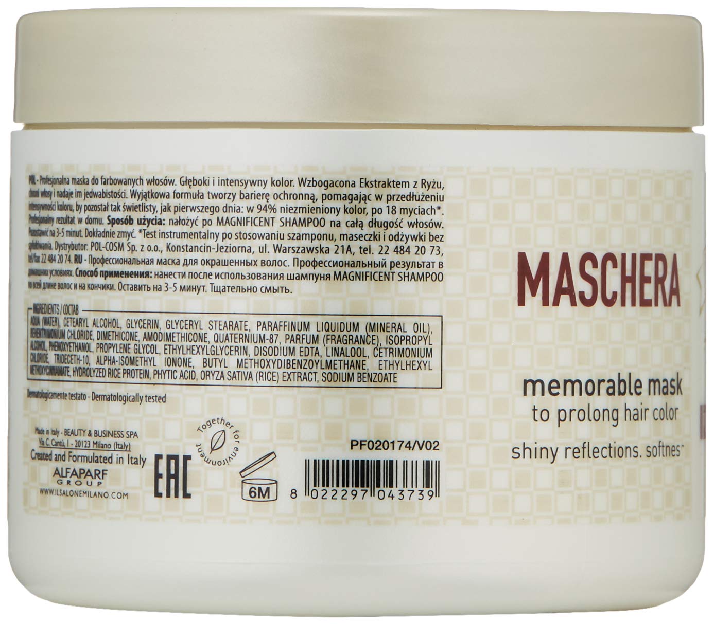 Premium Italian professional hair salon mask imported packaging showcasing correct product dimensions
