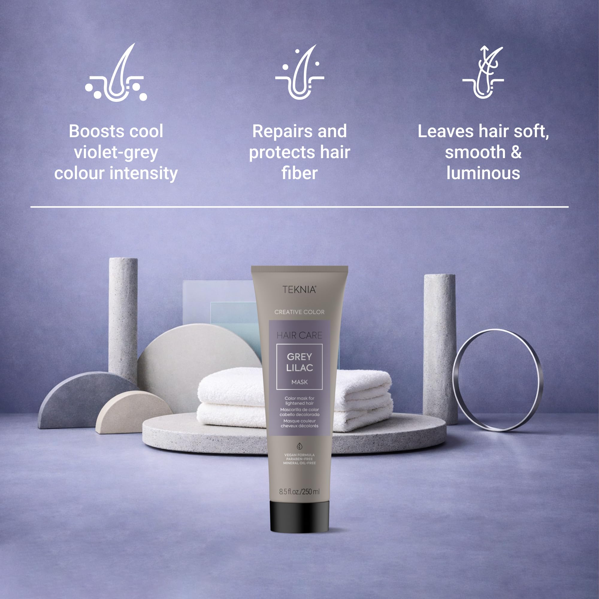 LakmÃ© Teknia Grey Lilac hair mask demonstrating the creamy conditioning texture for lightened hair