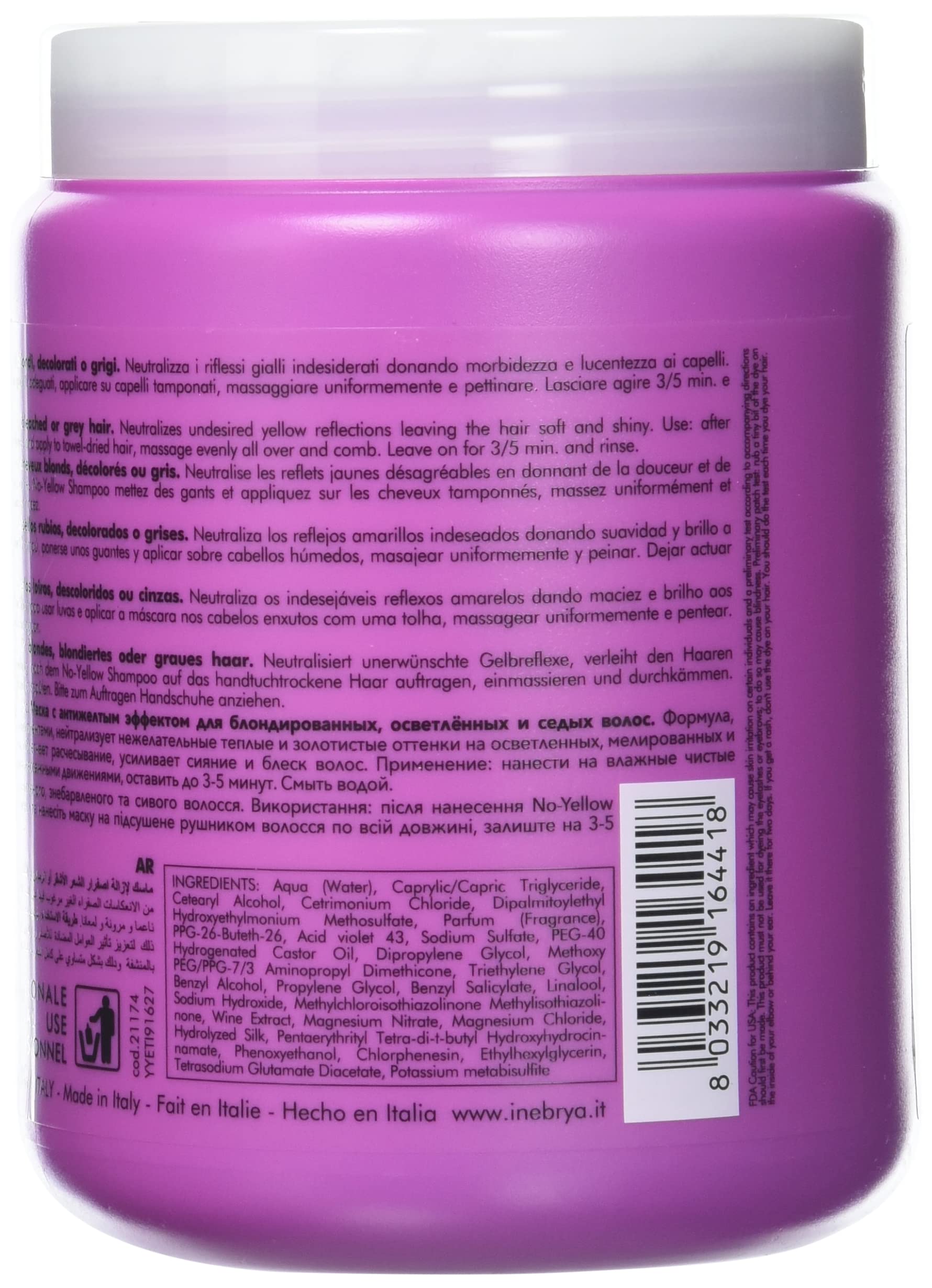 Inebrya Ice Cream No Yellow Mask container for blonde and grey hair care highlighting anti yellowing formula benefits.