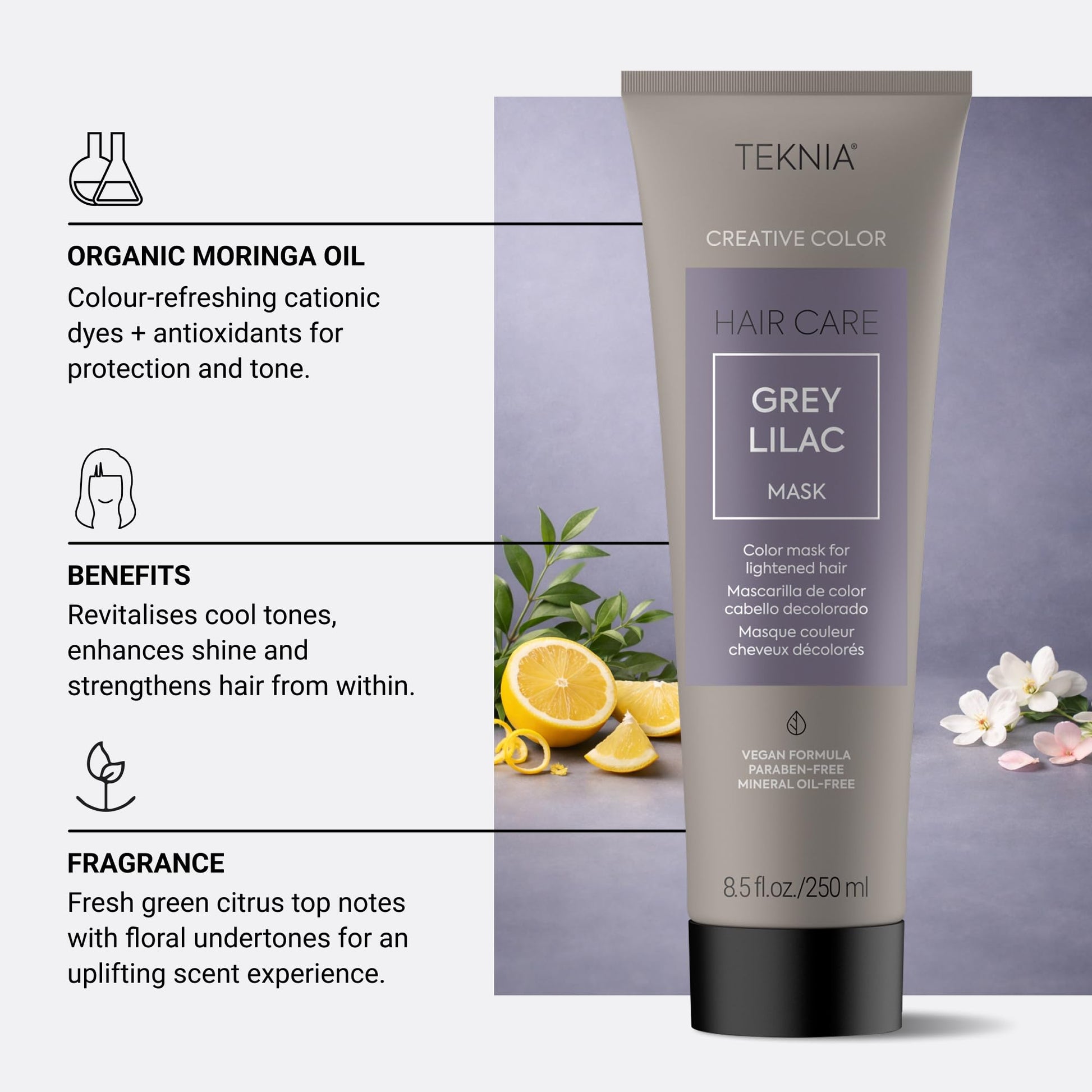 LakmÃ© Teknia Grey Lilac mask showing the professional salon brand branding and shade indicator