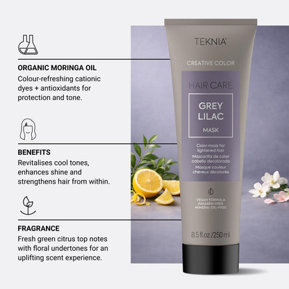 LakmÃ© Teknia Grey Lilac mask showing the professional salon brand branding and shade indicator