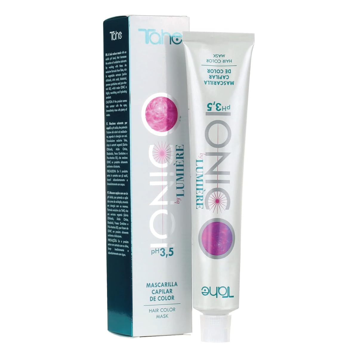 Rear view of Tahe Ionic Lumiere hair treatment mask detailing nourishing plant extract ingredients.