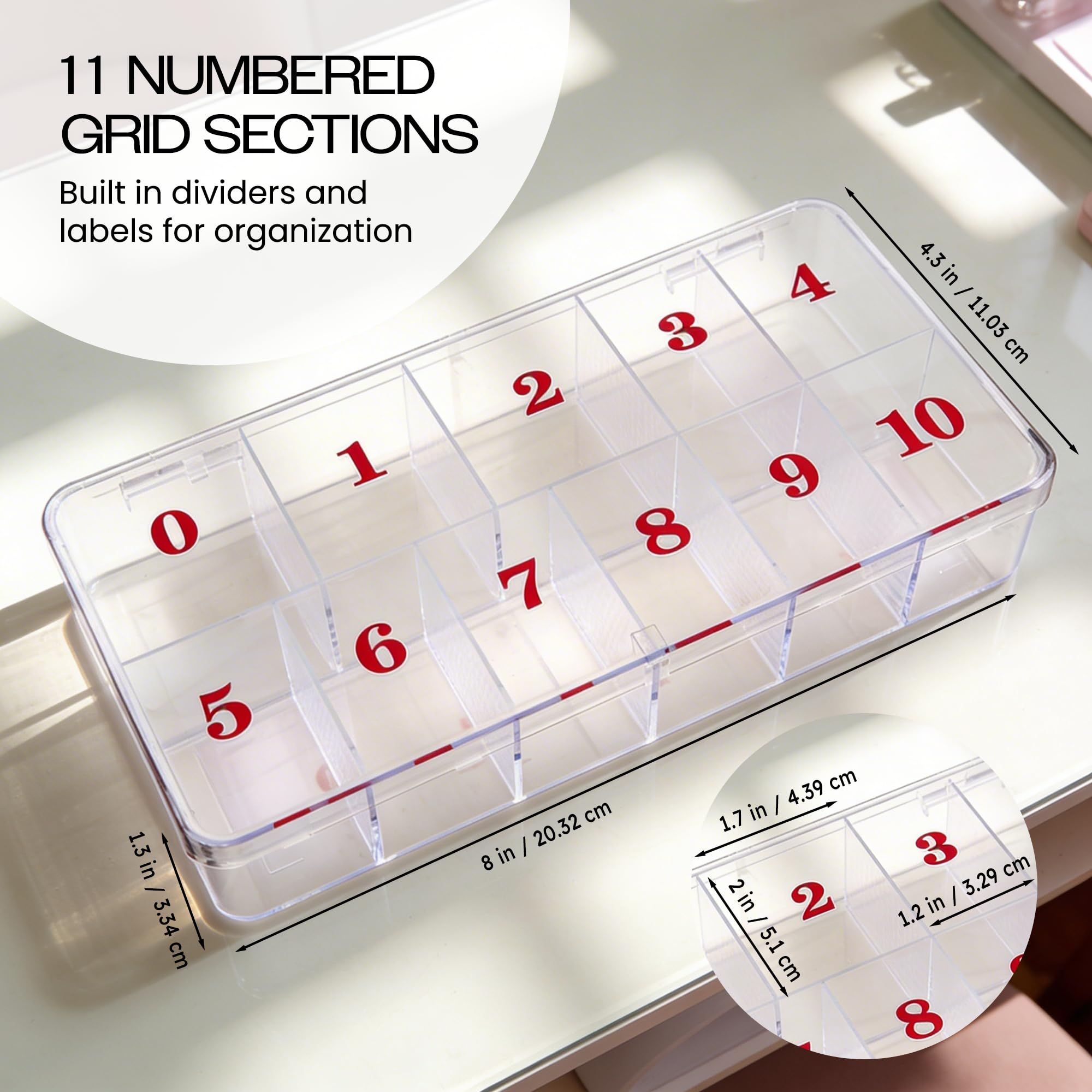 Top down view of Beauticom nail tip storage case with numbered slots