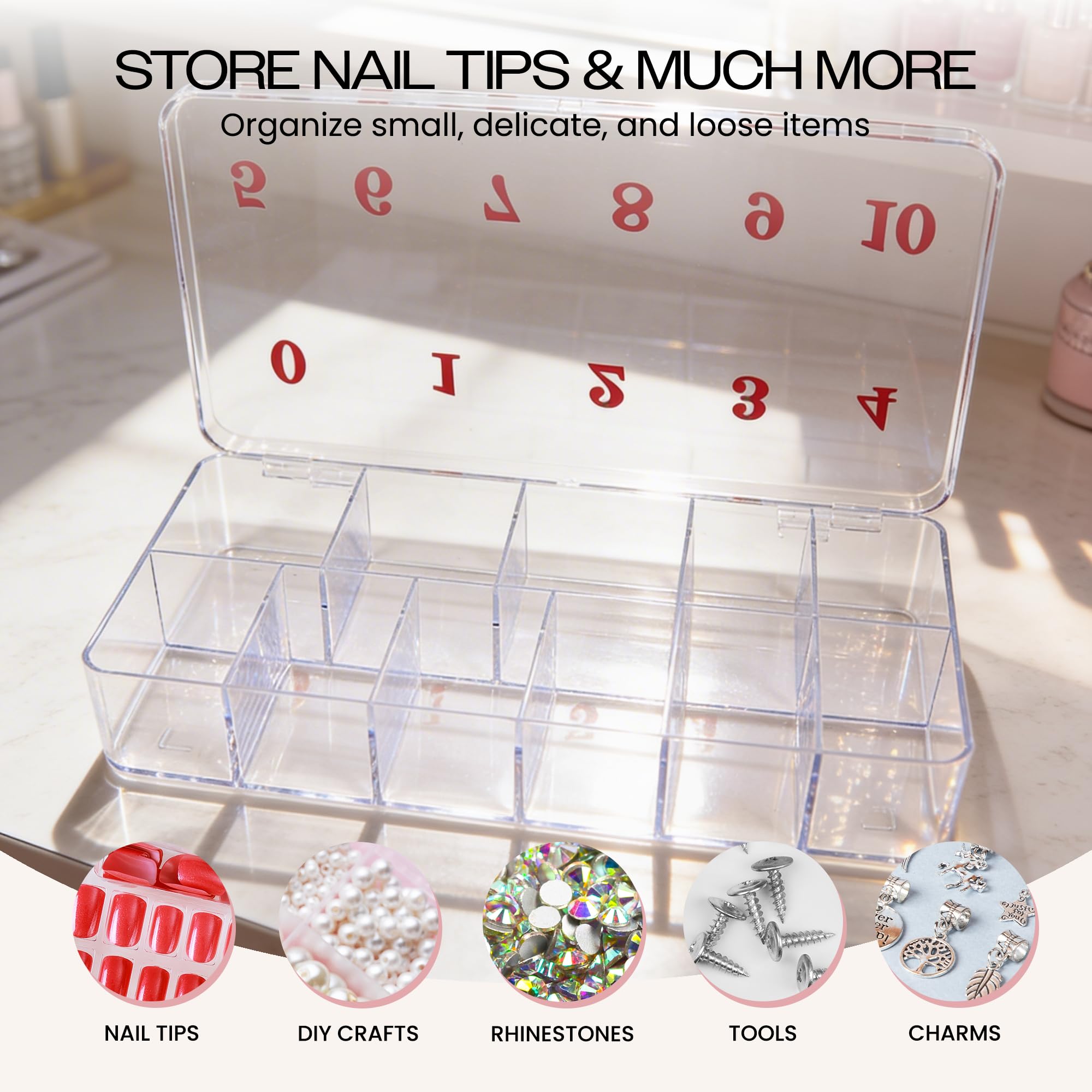 Beauticom organizer box showing red number labels 0 to 10