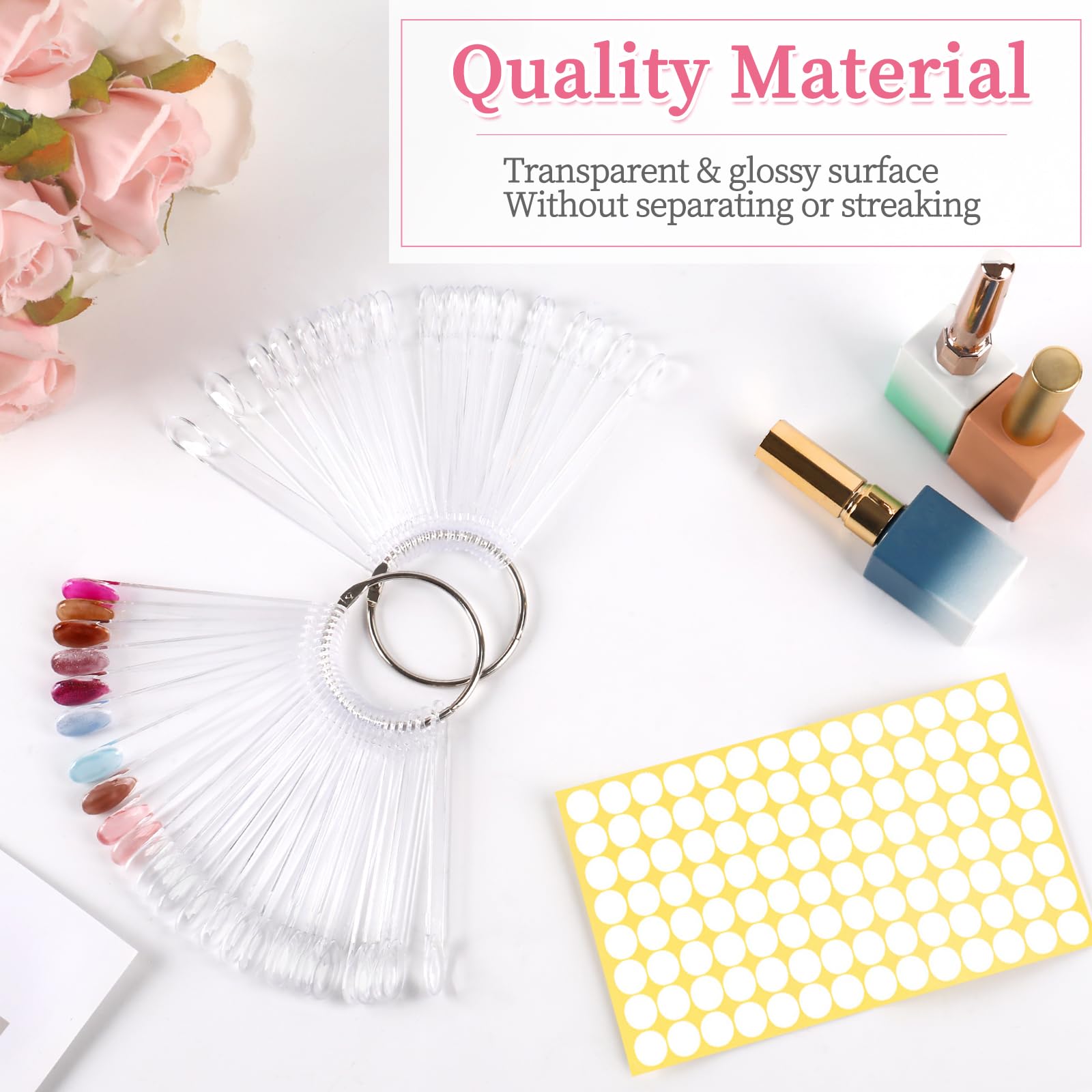 Fan-shaped nail polish display sticks organized on a ring