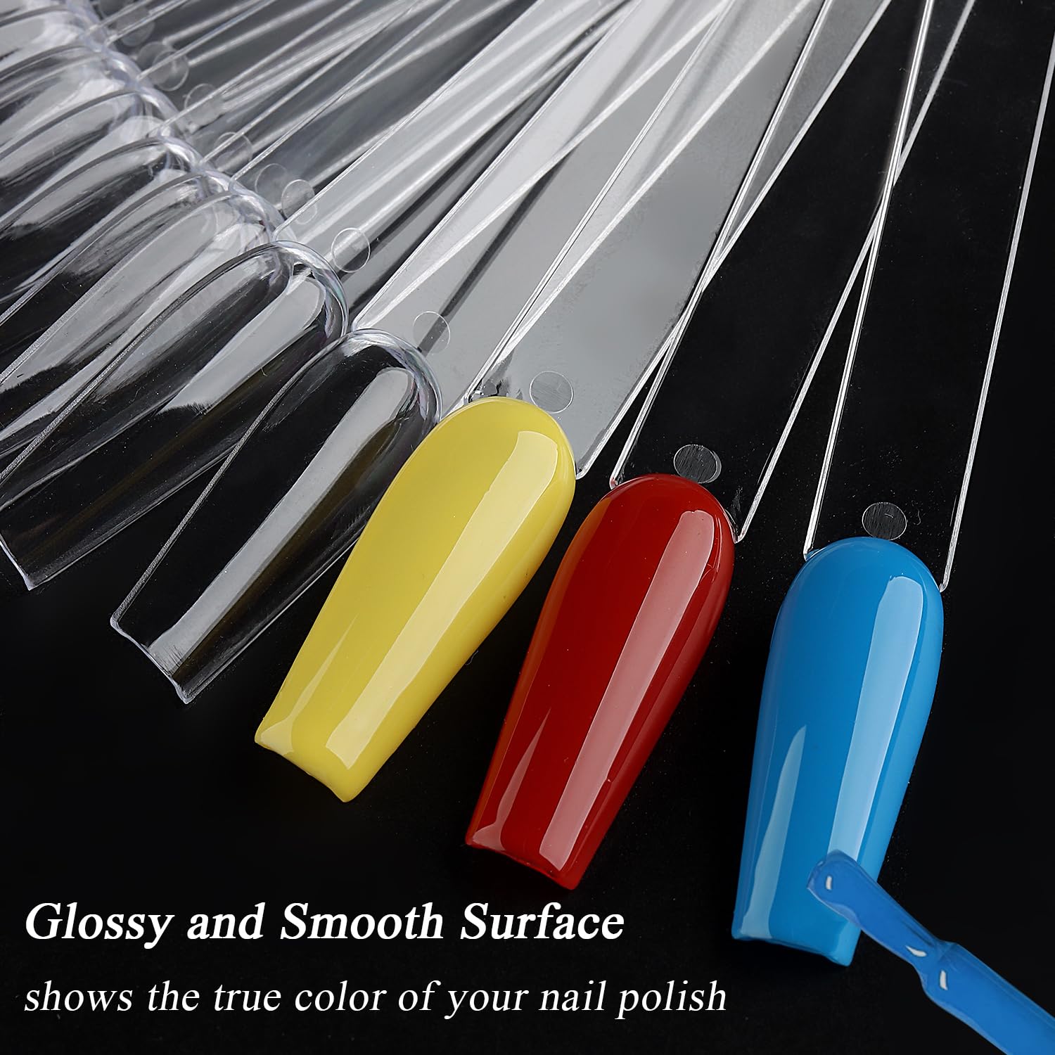 Hand holding fan shaped nail art practice sticks for color selection