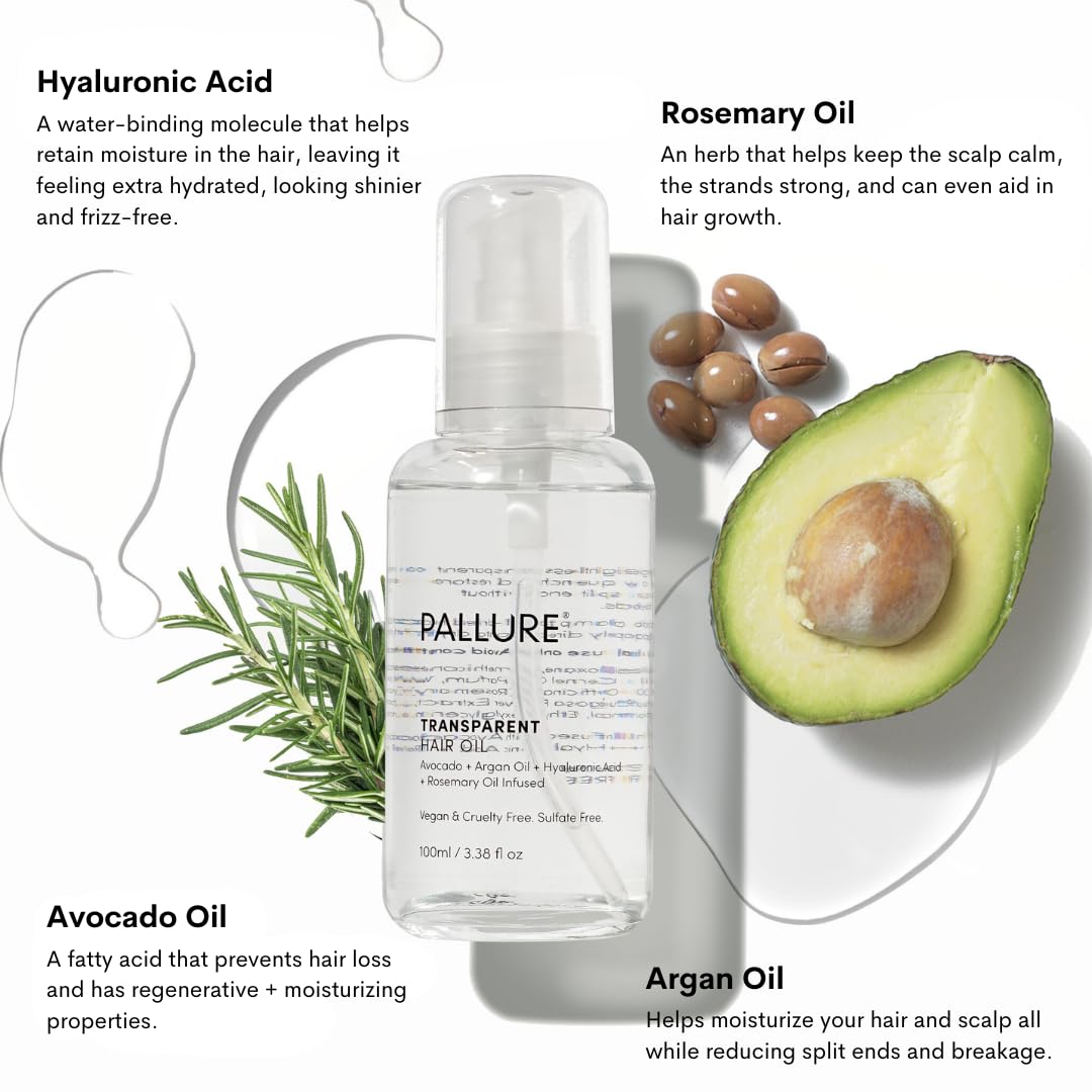 Pallure transparent hair oil serum bottle with argan and rosemary oil ingredients
