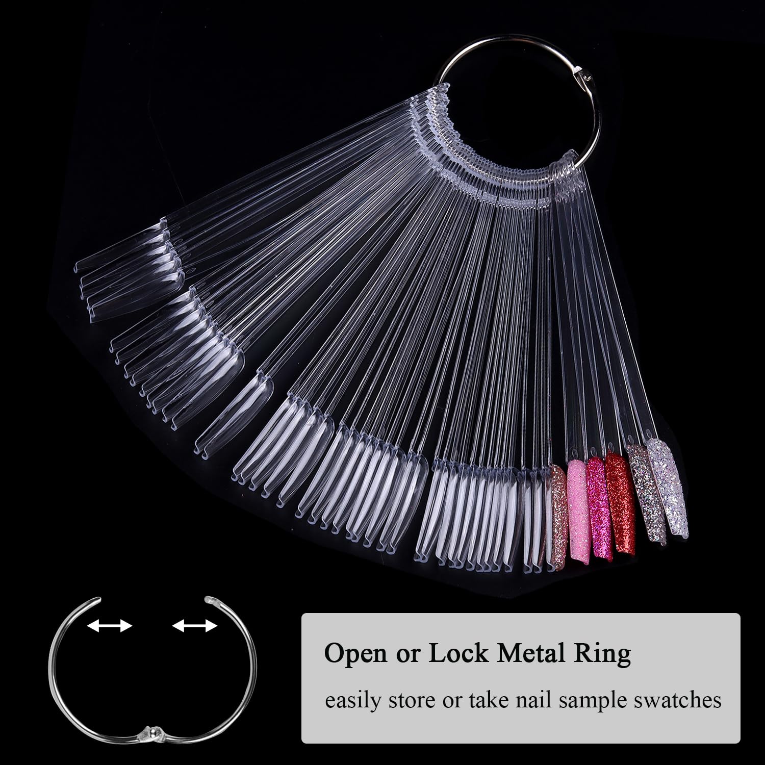 Top view of nail polish display sticks organized on a metal ring