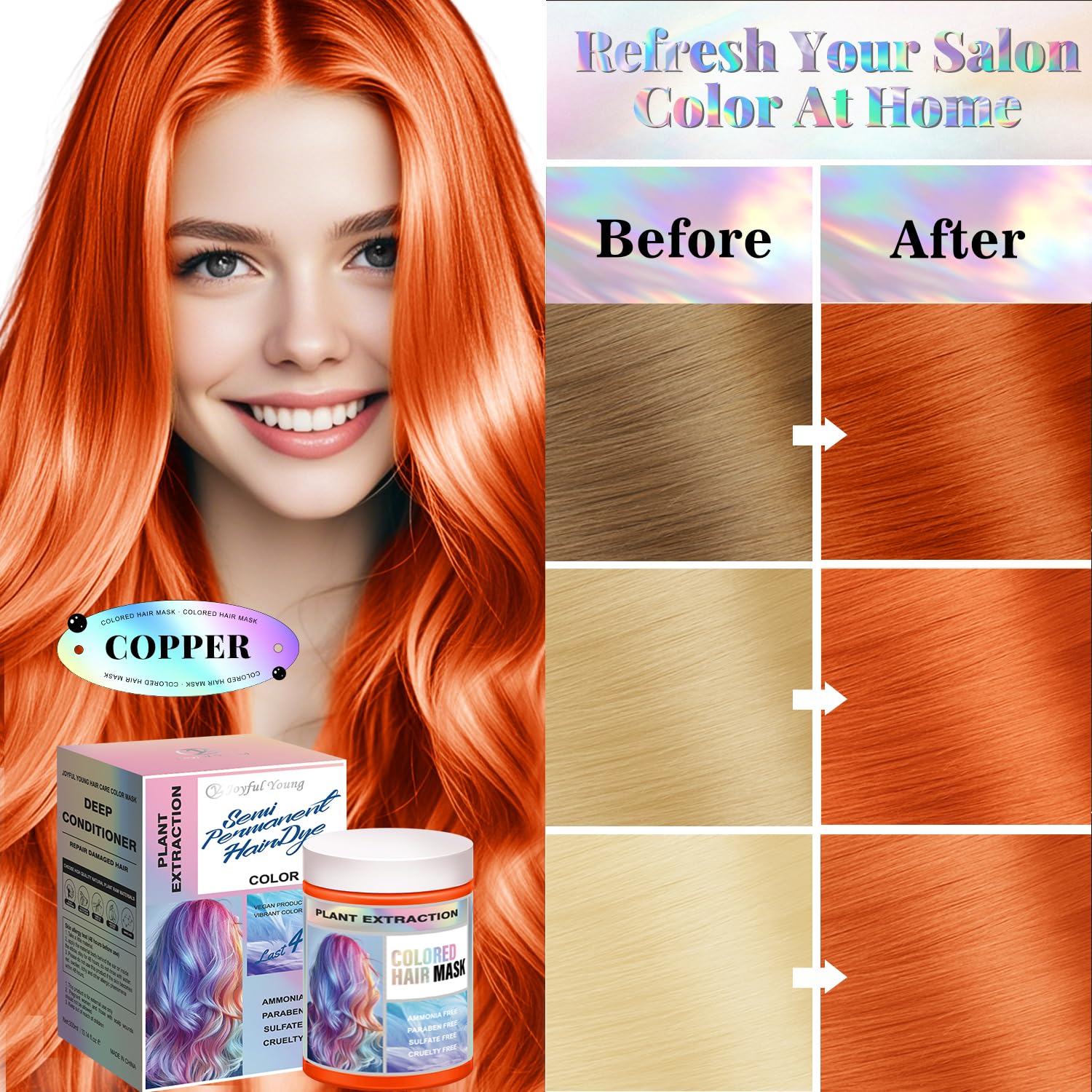 Joyful Young silver color depositing conditioner bottle displaying plant-based features