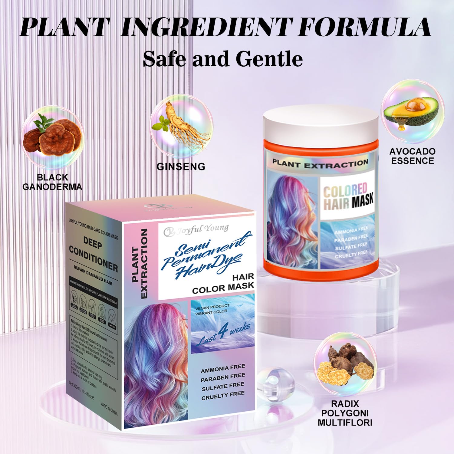 Silver hair care cream container showing natural ingredients like avocado essence