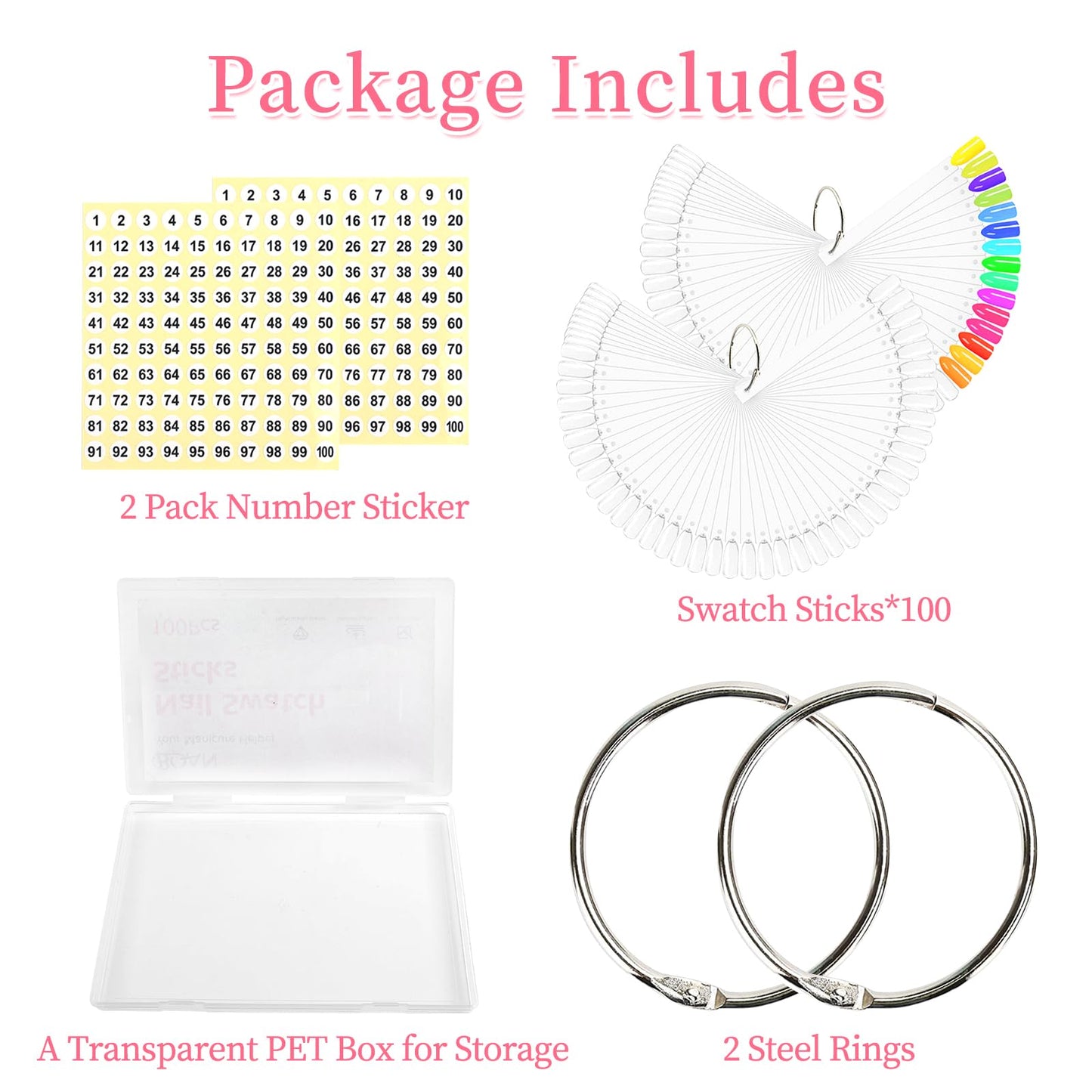 Nail swatch sticks organized on metal binder ring
