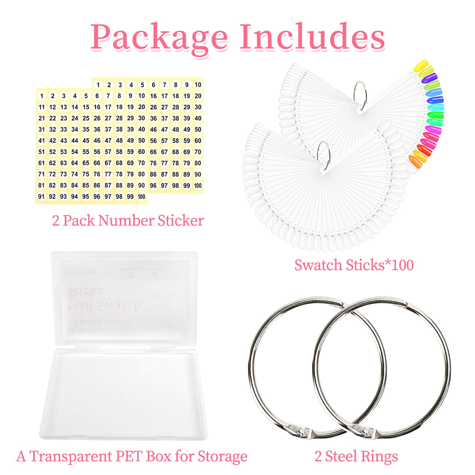 Nail swatch sticks organized on metal binder ring