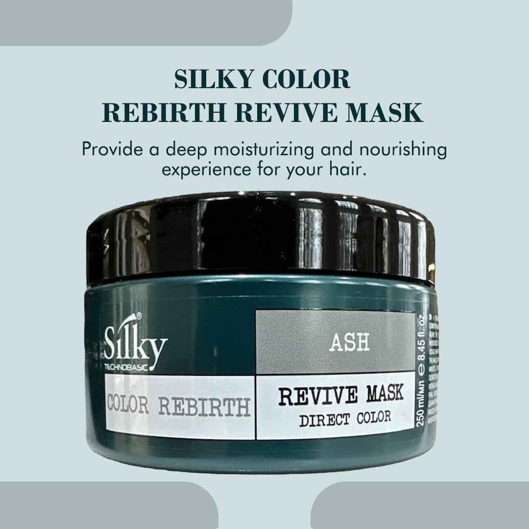 SILKY Technobasic semi permanent ash hair mask container showing vegan and organic ingredient certifications