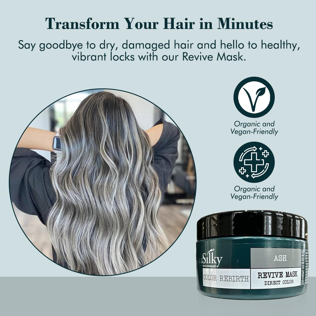 Back label of SILKY Technobasic Ash Revive product displaying clear directions for neutralizing brassy hair