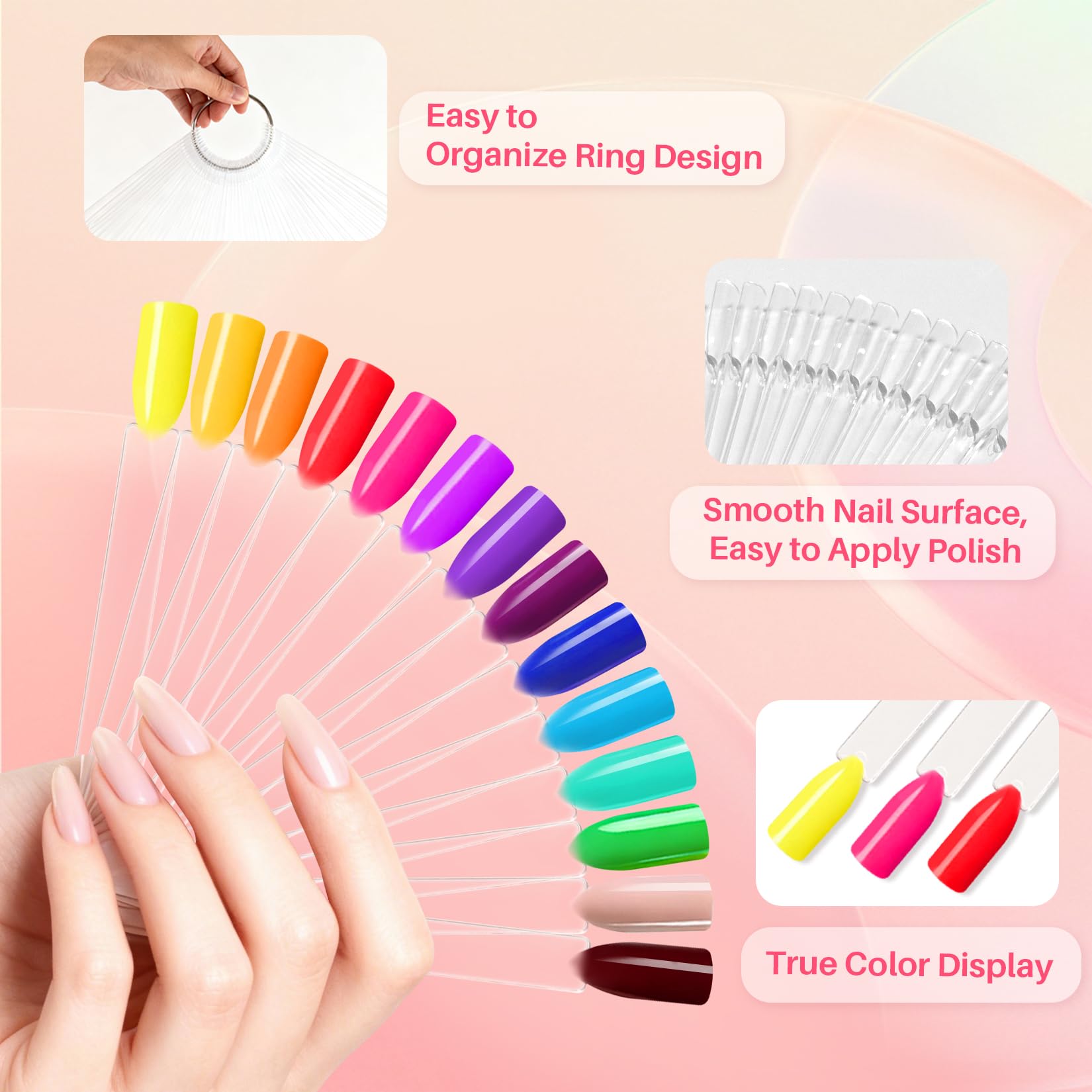 Technician using nail color display sticks for gel polish selection