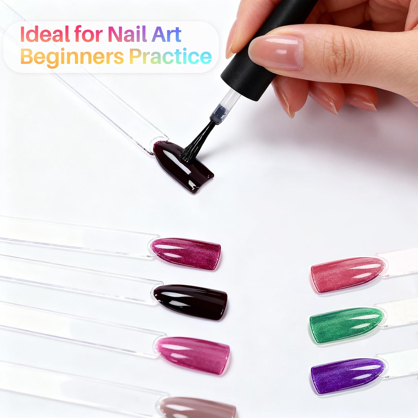 Nail art design practice on clear swatch sticks for beginners