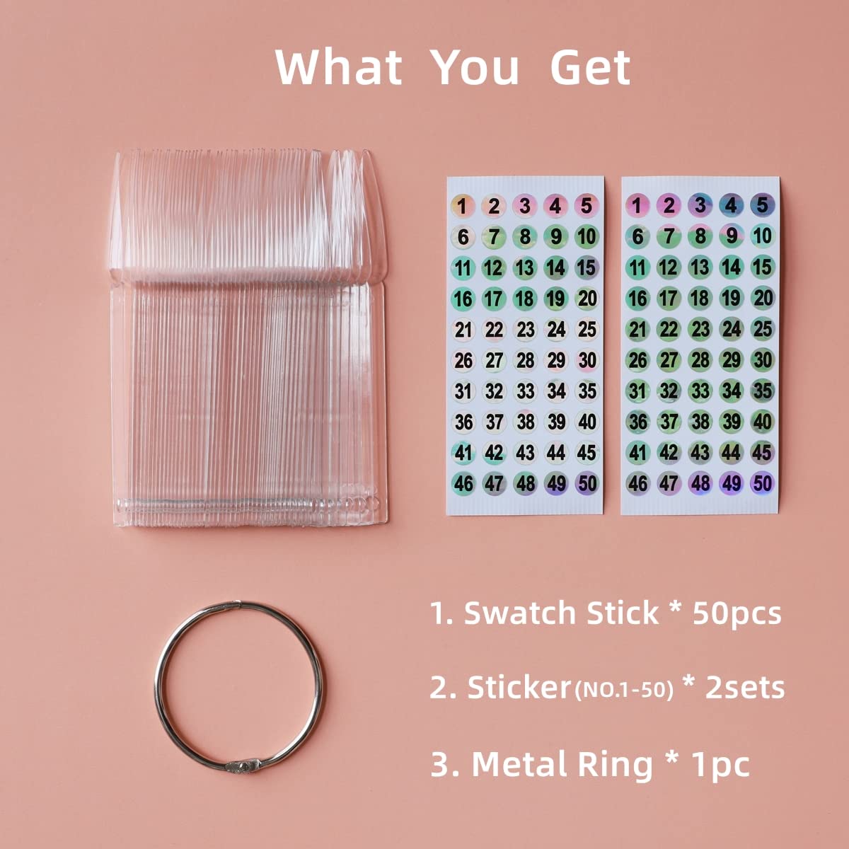 Fan shaped stiletto nail polish color display sticks on metal ring
