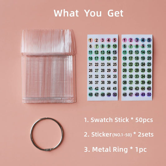 Fan shaped stiletto nail polish color display sticks on metal ring