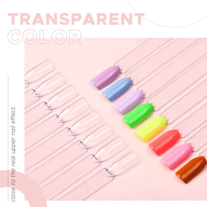Professional nail art color practice sticks displayed on a table