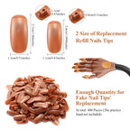 Close up of Blulu brown nail tips for mannequin hand