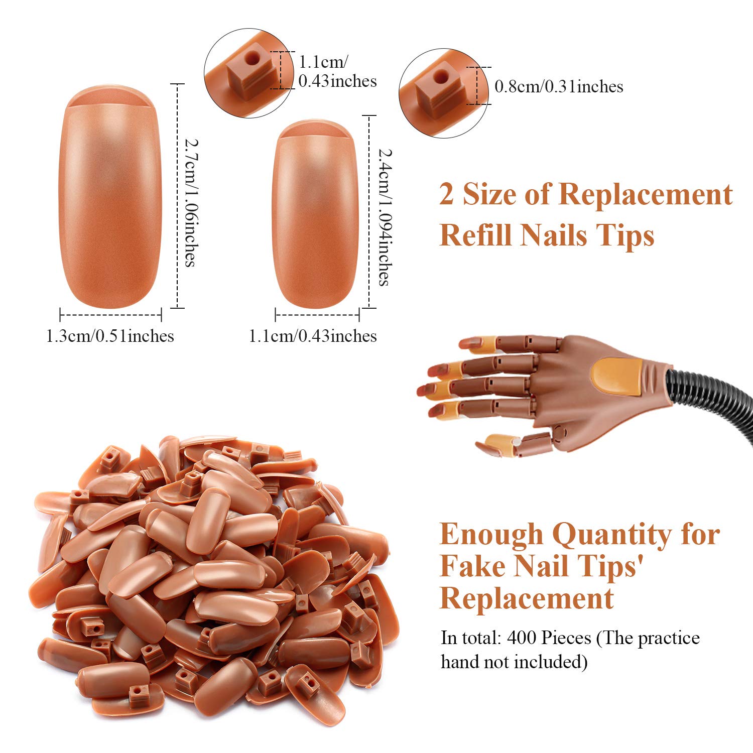 Close up of Blulu brown nail tips for mannequin hand