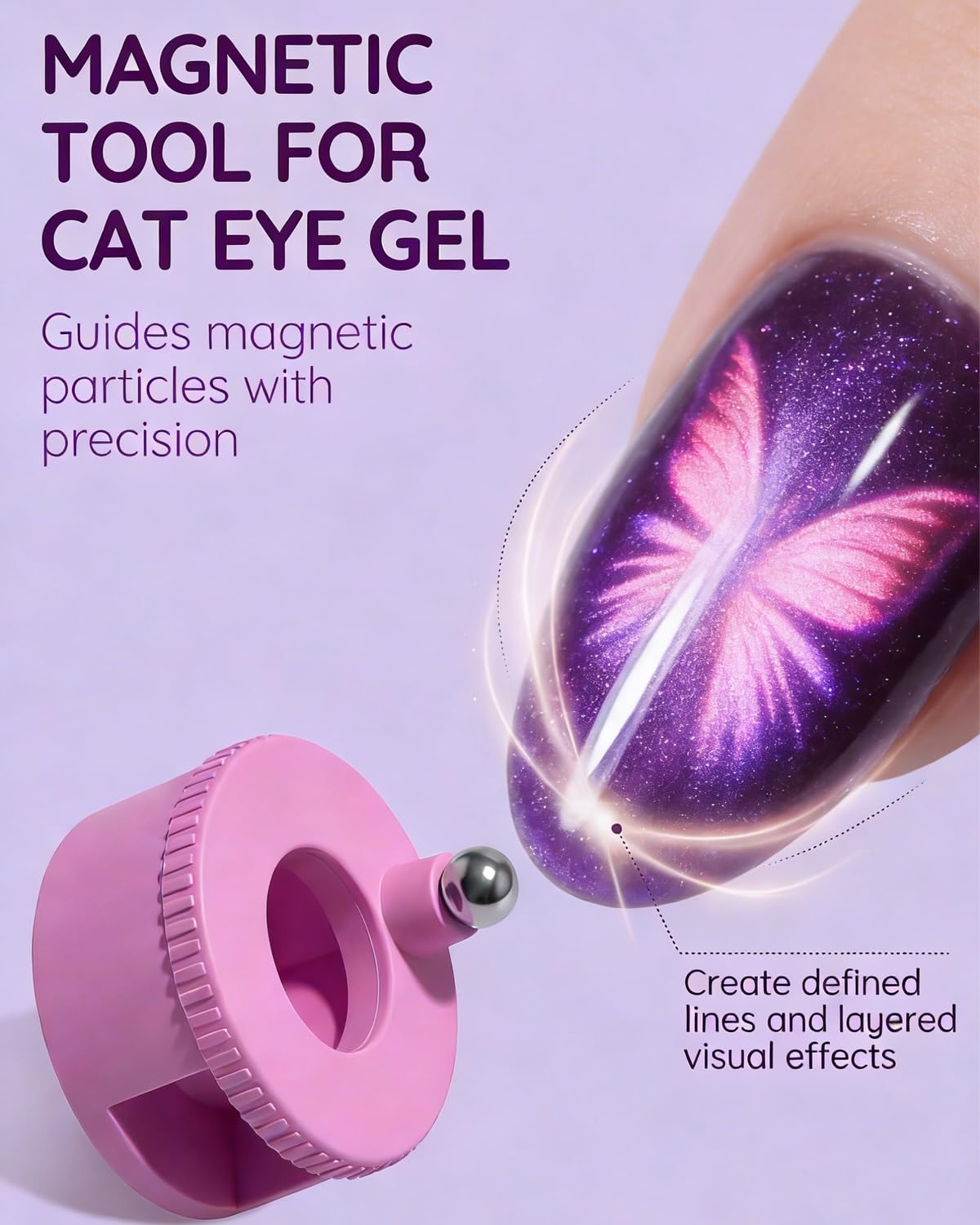 Hand holding rotating magnet tool over painted nail