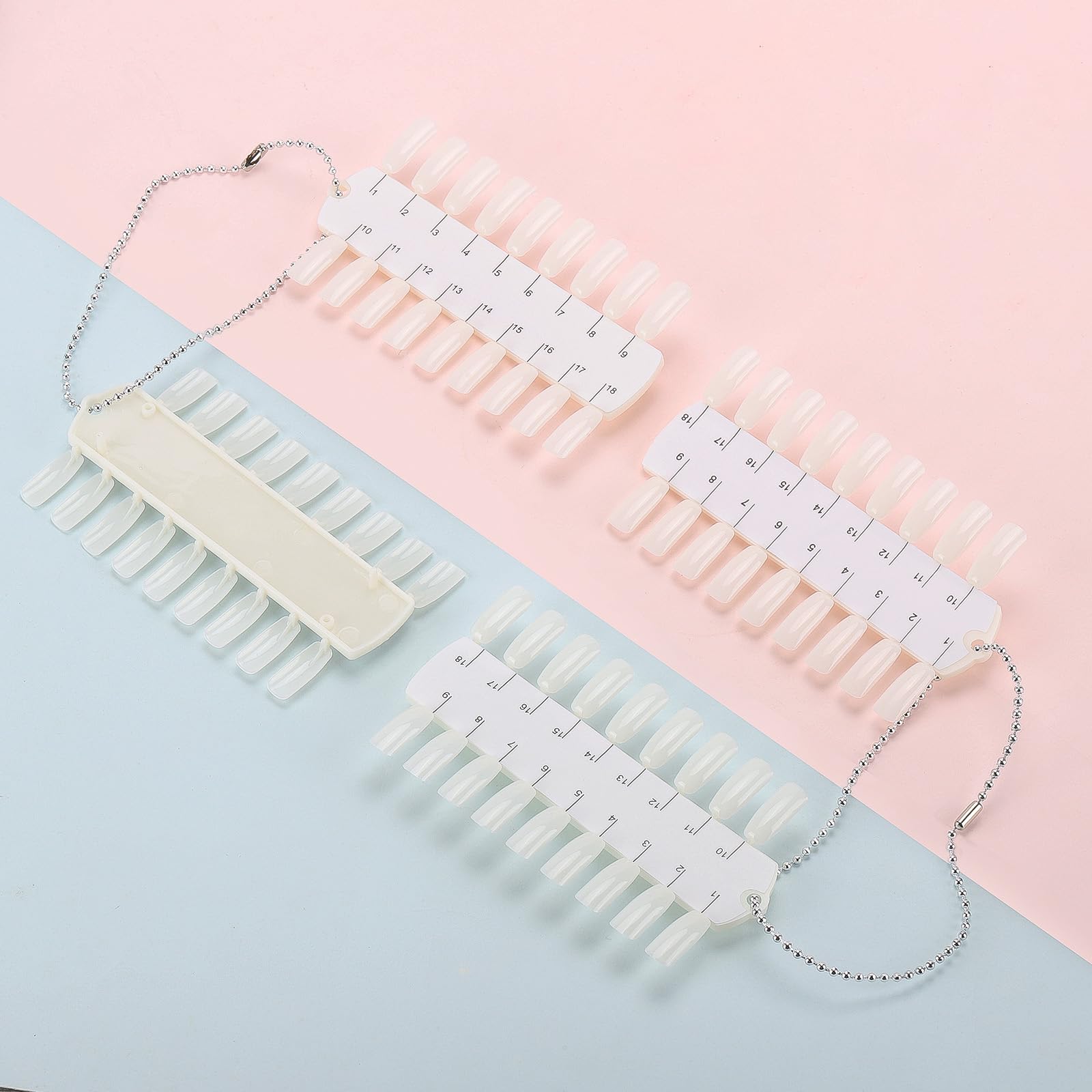 Clear plastic nail polish display tips on metal chain