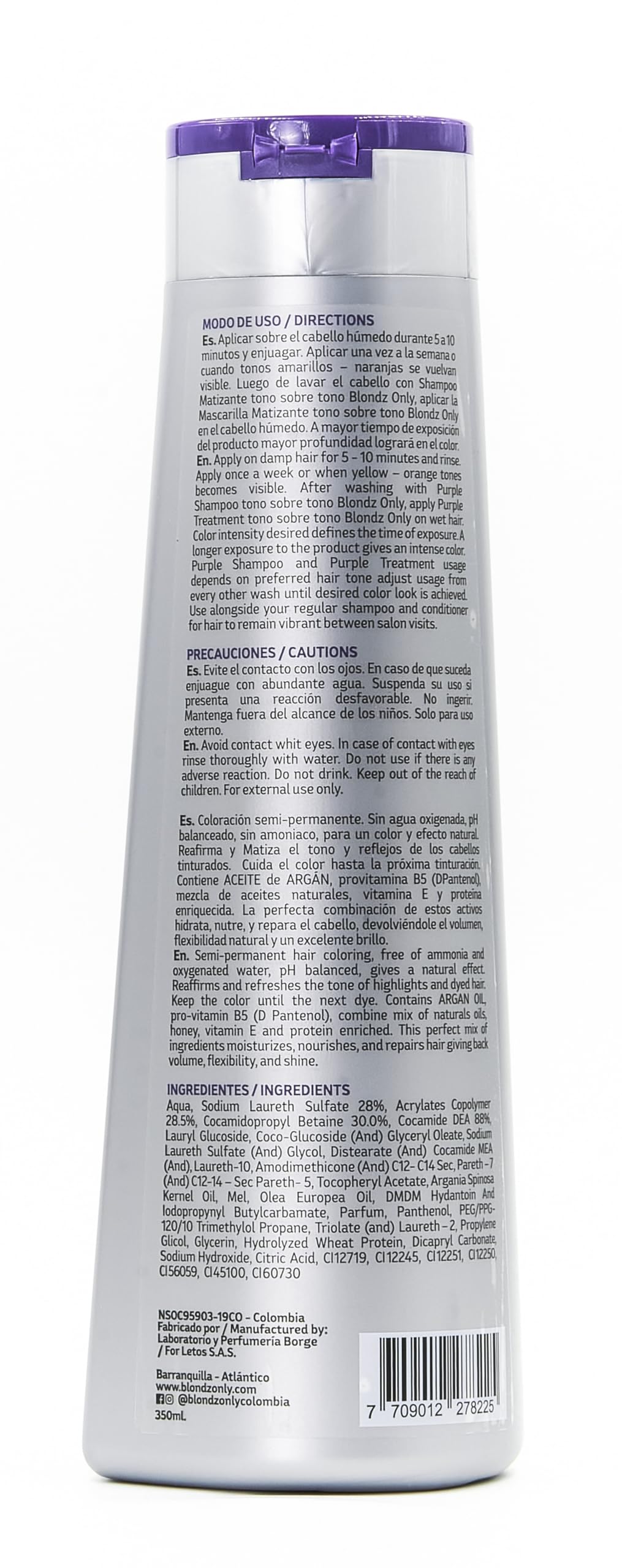 Blondz Only Rubio Cenizo anti brassiness blue hair treatment back label instructions