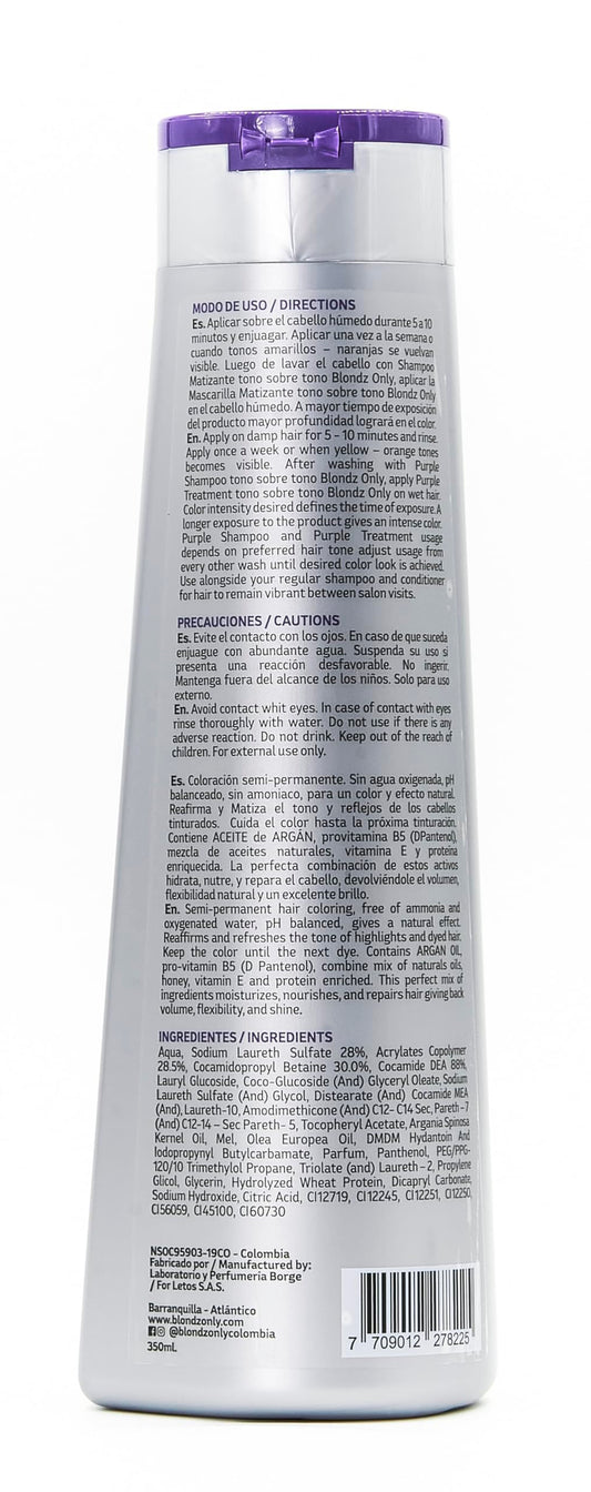 Blondz Only Rubio Cenizo anti brassiness blue hair treatment back label instructions