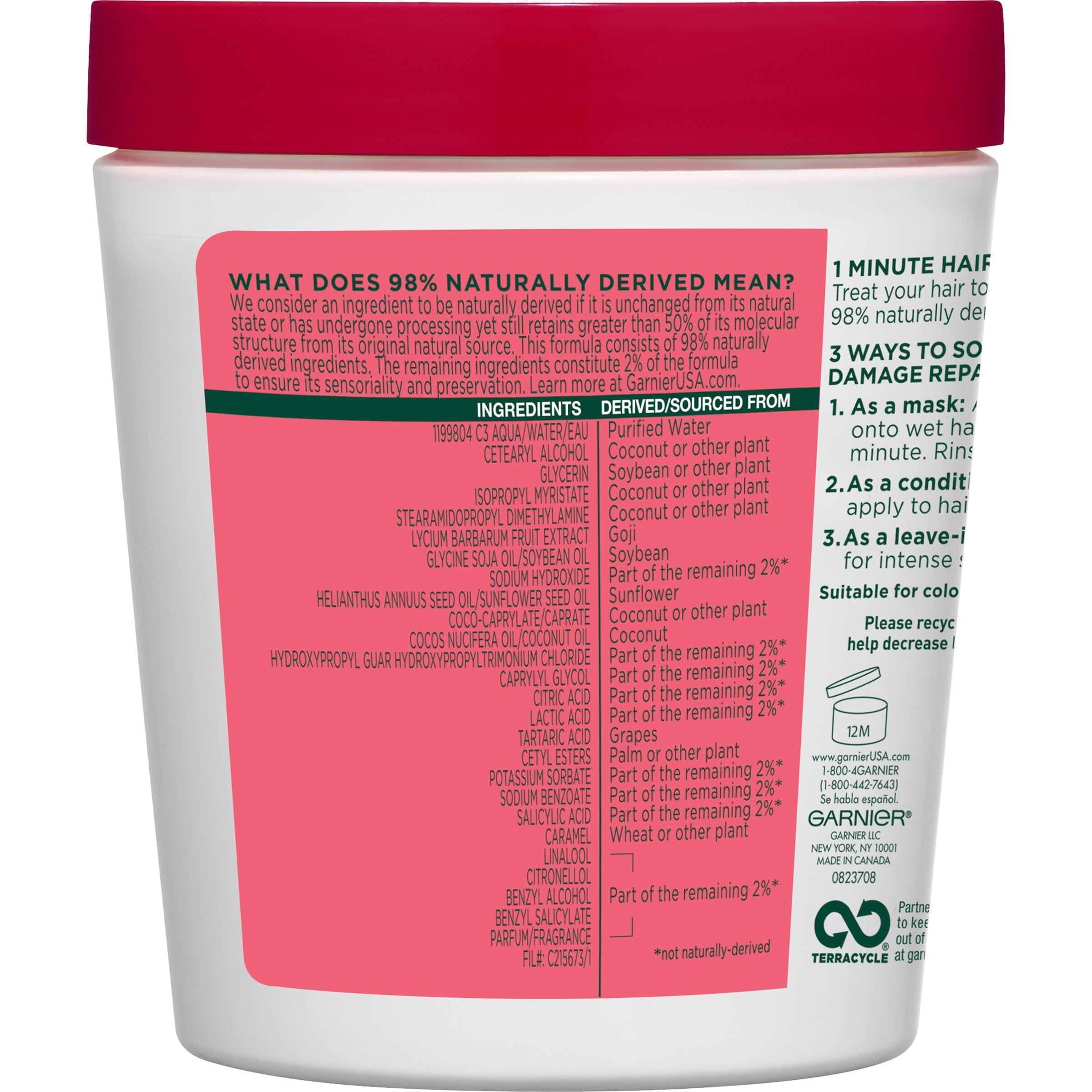 Garnier 1 Minute Hair Mask with Goji Extract 98 percent naturally derived formula label details