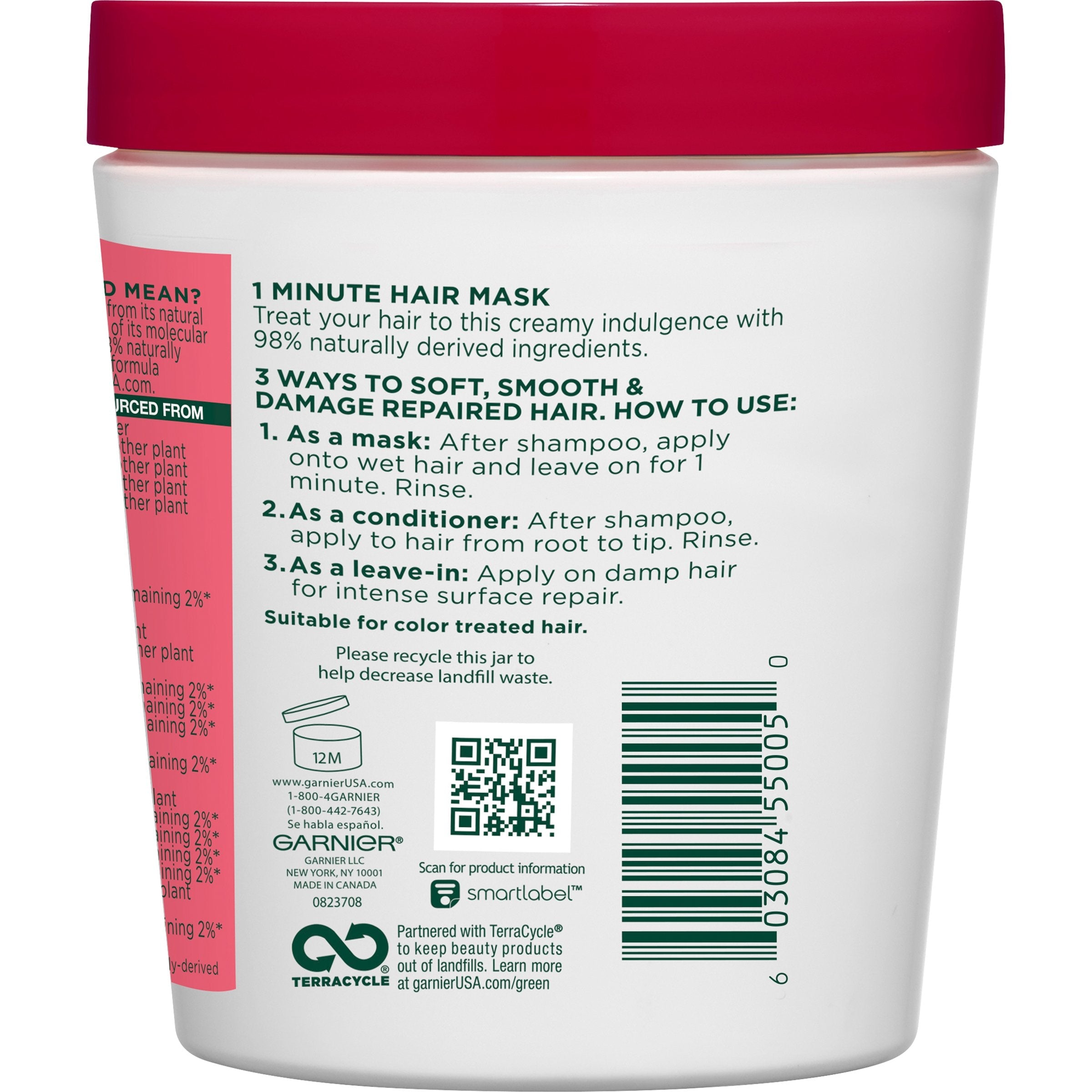 Back view of Garnier Fructis Color Vibrancy hair mask showing 3-in-1 usage instructions