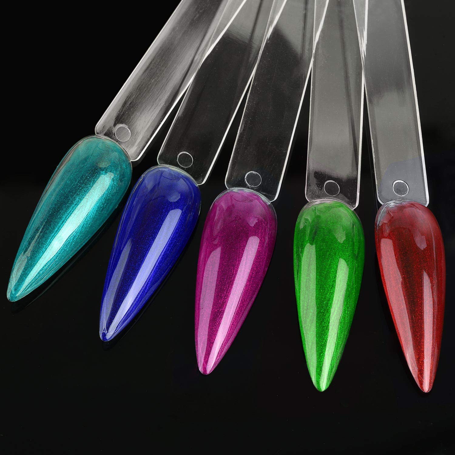 Fan deck of stiletto nail color display tips for salon
