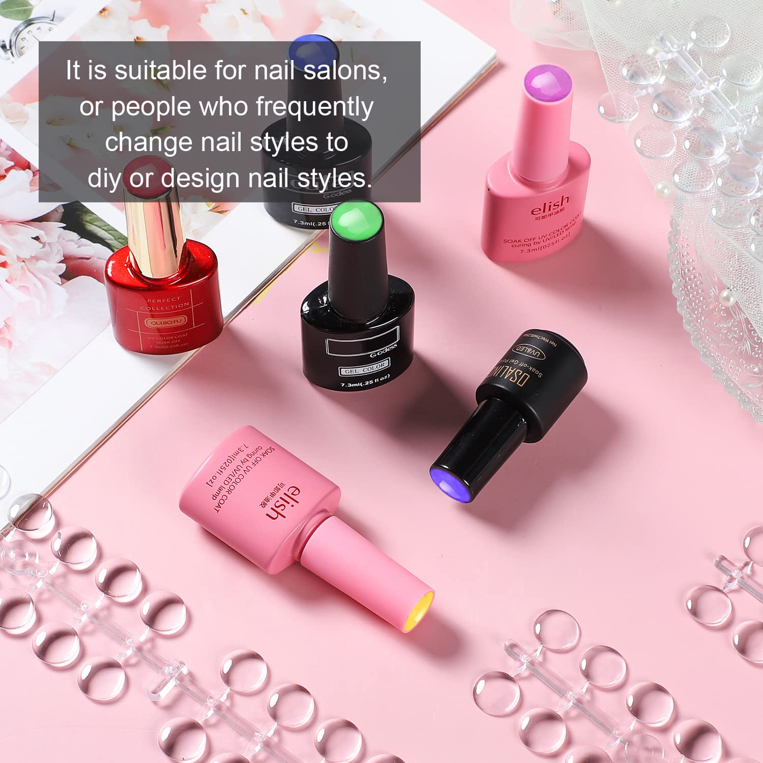 Nail polish bottle organization with clear swatch tips