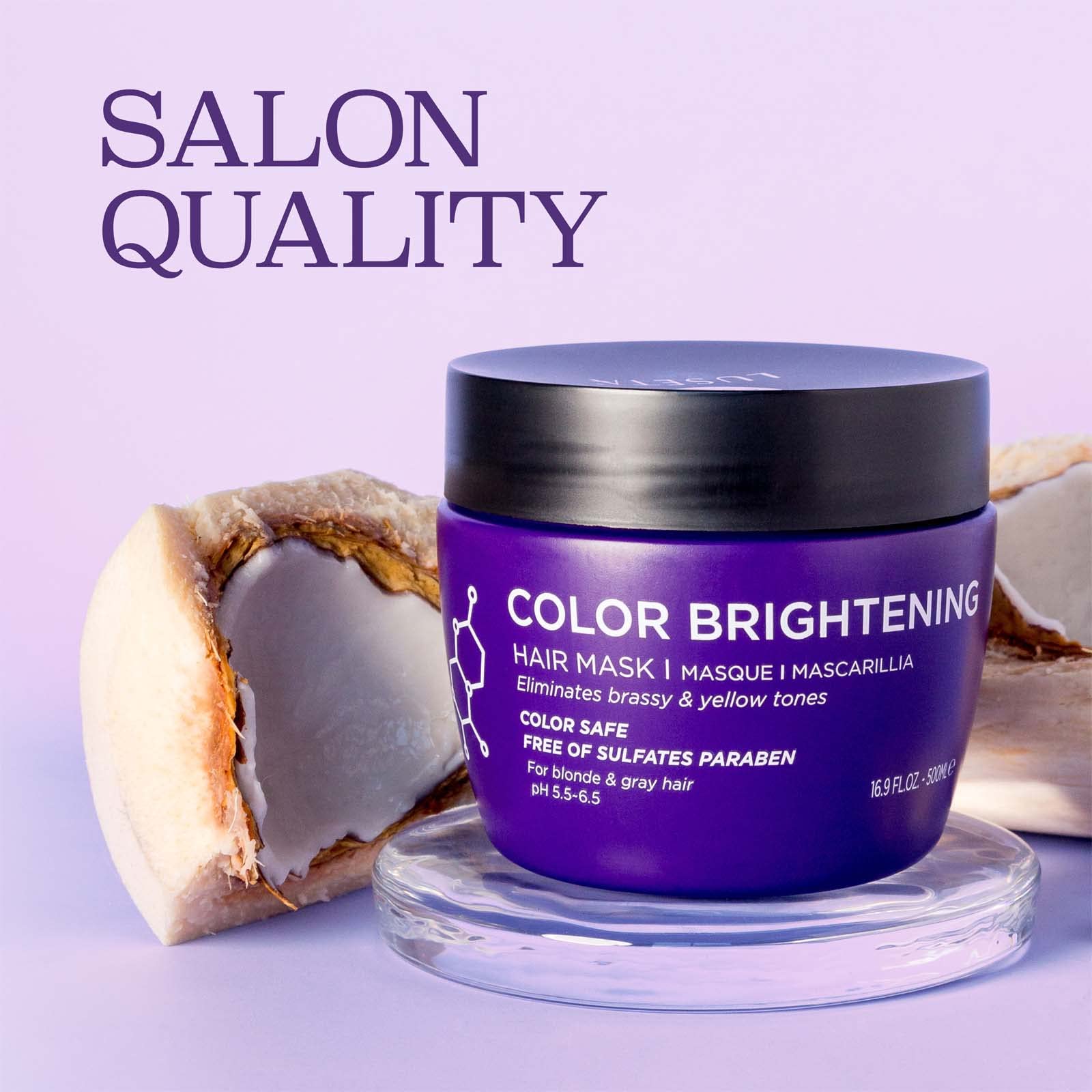 Luseta purple toning treatment tub showing biotin and collagen ingredient benefits