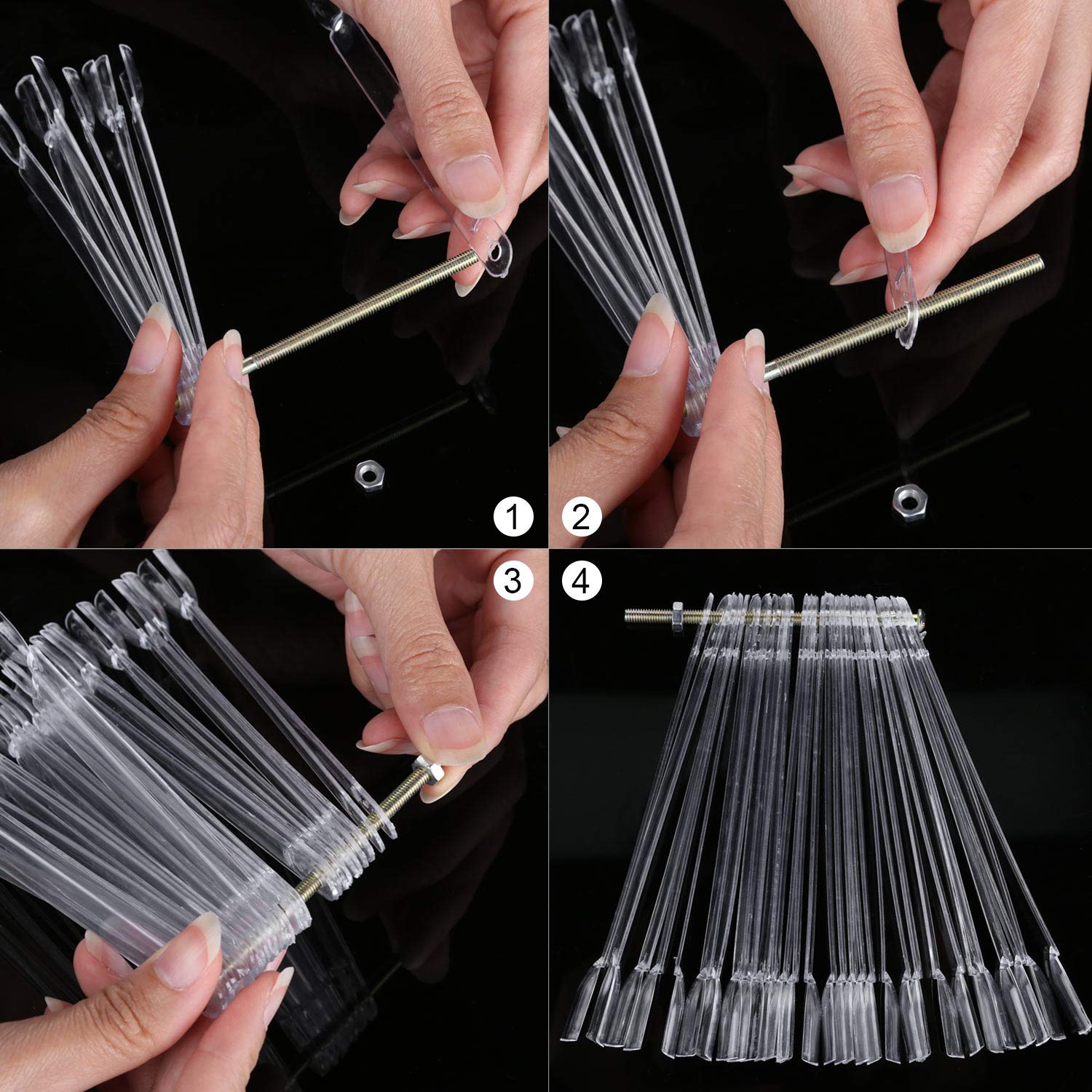 Transparent nail practice tips organized on screw ring