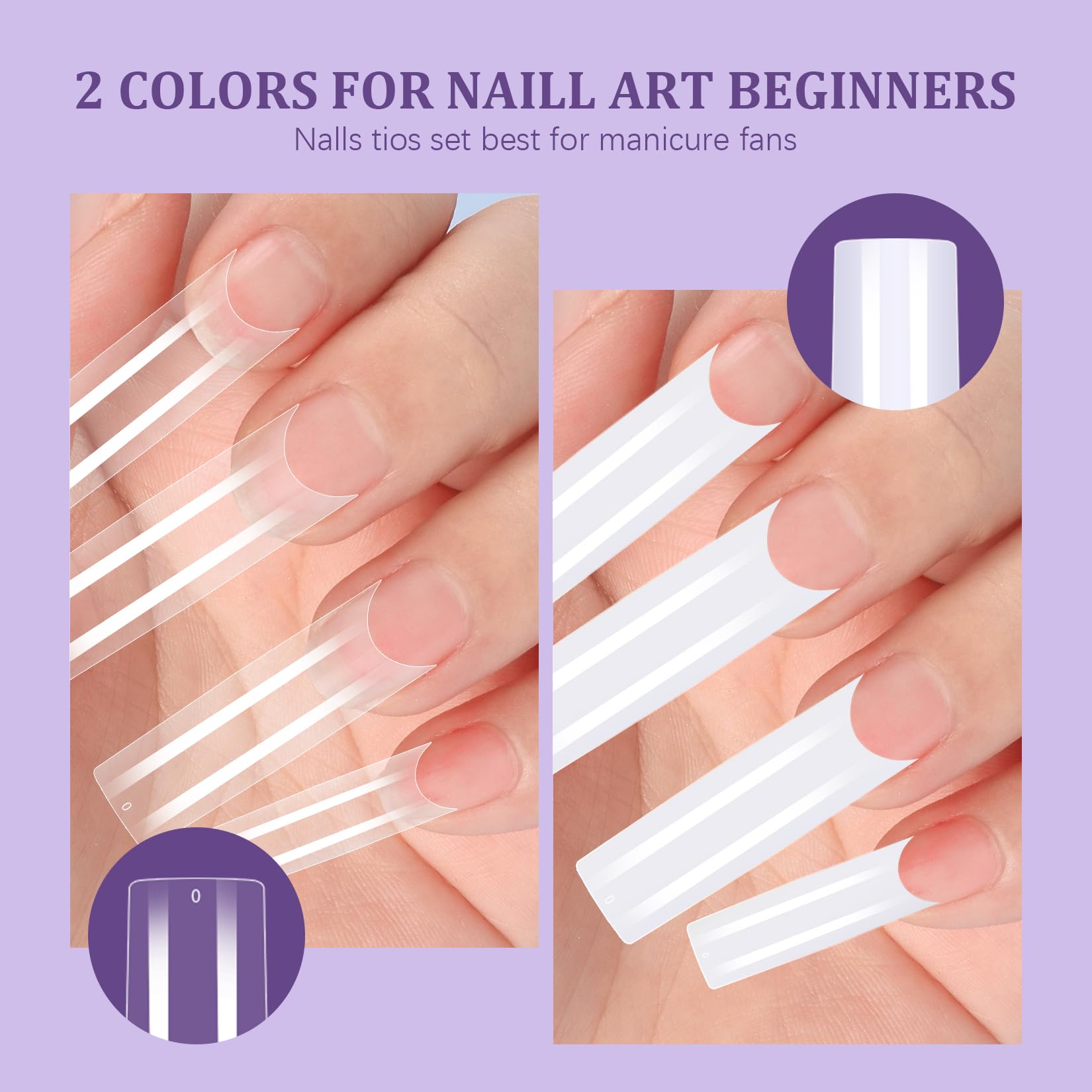 Close up of 12 sizes of tapered square nail extension tips