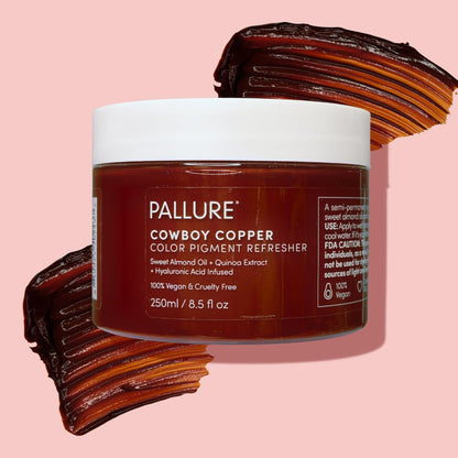 Pallure hair color depositing mask displayed with sweet almond oil and quinoa extract botanical themes