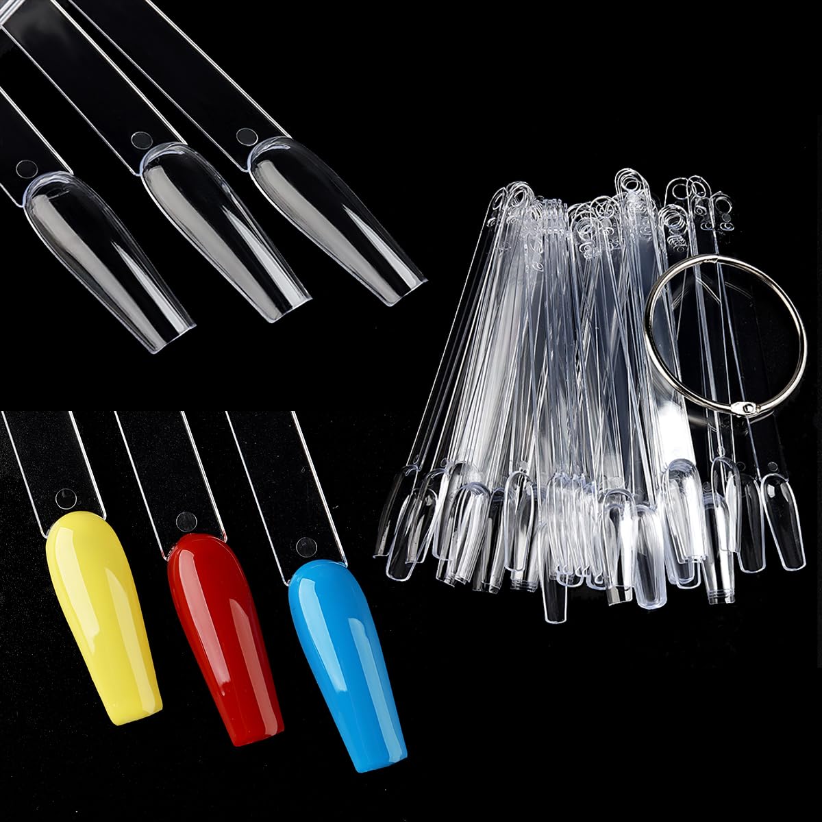 Close up of clear nail swatch sticks on metal ring