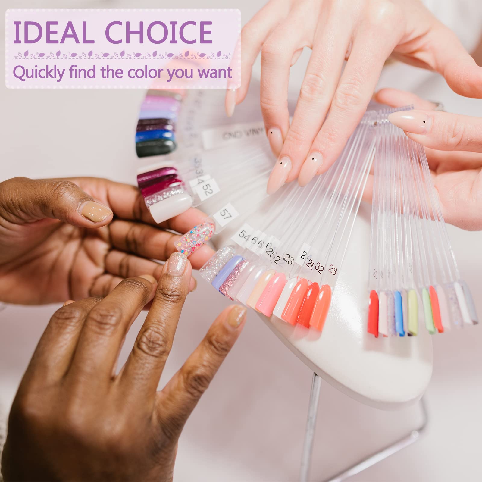 Close up of Bqan nail swatch tips with number stickers