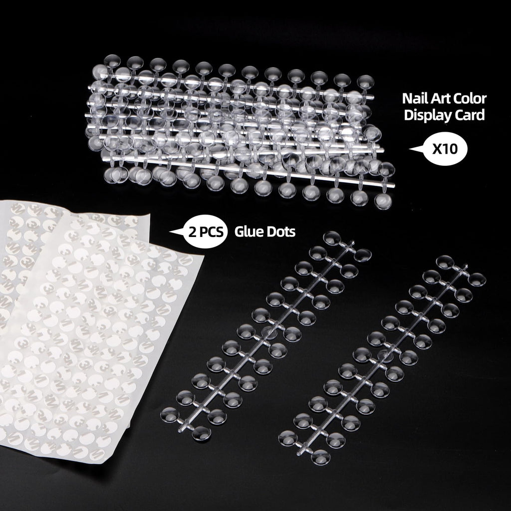 Transparent nail art swatch dots arranged in a collection