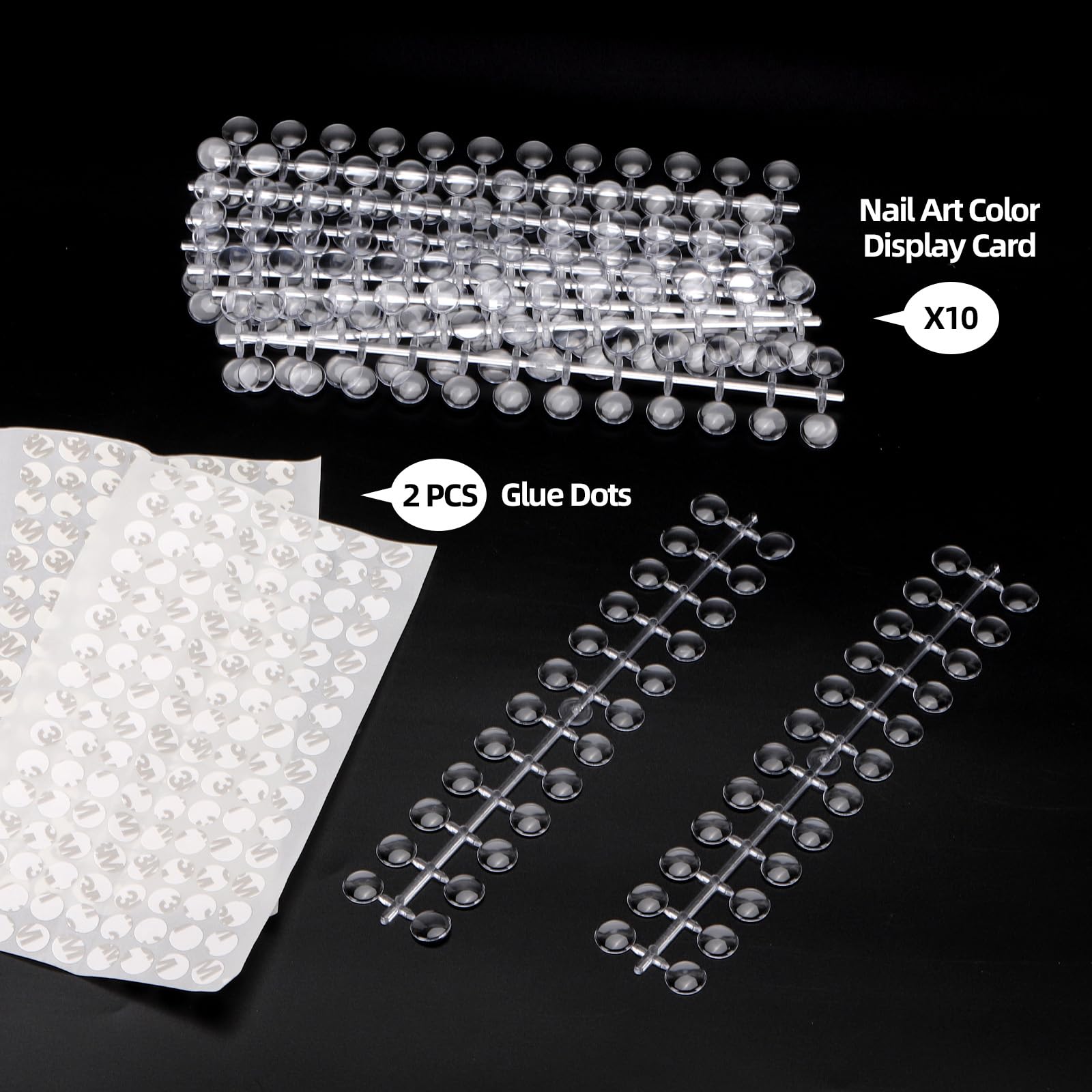 Transparent nail art swatch dots arranged in a collection